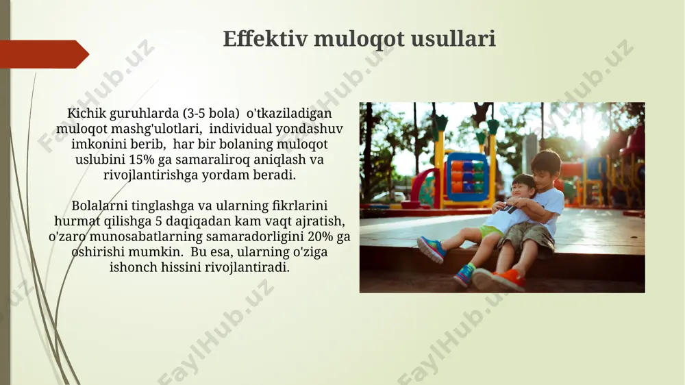 hli munosabatlarni mustahkamlaydi va muammolarni tezkor hal qilishga yordam beradi. bolalar bog'chasida o'qituvchilar va ota-onalar o'rtasidagi samarali hamkorlik, bolaning rivojlanishini 20% ga oshirishi mumkin, bu esa o'quv natijalarining yaxshilanishiga olib keladi. ijtimoiy-emotsional rivojlanishda kattalarning hissasi ijtimoiy-emotsional sohada muvaffaqiyatli rivojlanish uchun 1:5 kattalar-bola nisbati tavsiya etiladi, bu esa har bir bolaga yetarli e'tibor qaratish imkonini beradi. kattalar bilan o'zaro munosabatda bolalar 2-3 yoshga kelib, o'z-o'zini tartibga solish ko'nikmalarini rivojlantiradi, bu esa ijtimoiy-emotsional rivojlanishning muhim ko'rsatkichidir. kelajakdagi istiqbollar bolalar bog'chalarida ijtimoiy-emotsional rivojlanishni kuchaytirish bo'yicha 3 yillik dastur, bu esa bolalarning tengdoshlari bilan muloqot qilish qobiliyatini 20% ga oshirishga qaratilgan. o'yin terapiyasi va san'at terapiyasi orqali bolalar va kattalar o'rtasidagi munosabatlarni yaxshilashga qaratilgan yangi pedagogik yondashuv, natijalarini o'rtacha 15% ga ijobiy o'zgarish ko'rsatadi. farzand tarbiyasi va o'zaro munosabat bolalar bog'chasida 3-5 yoshli bolalarning kattalar bilan o'zaro ta'siri davomida, o'rtacha 70% vaqt faol o'yinlarga, 20% tinch faoliyatlarga, 10% esa mustaqil o'yinlarga sarflanadi. tadqiqotlar shuni …