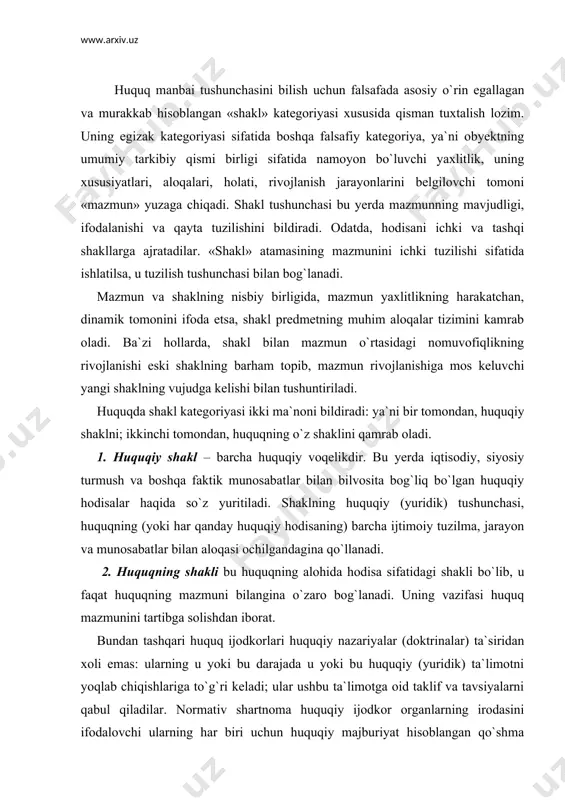 oki bu darajada u yoki bu huquqiy (yuridik) ta`limotni yoqlab chiqishlariga tо`g`ri keladi; ular ushbu ta`limotga oid taklif va tavsiyalarni qabul qiladilar. normativ shartnoma huquqiy ijodkor organlarning irodasini ifodalovchi ularning har biri uchun huquqiy majburiyat hisoblangan qо`shma huquqiy aktlardir. ularda tomonlarning huquq va majburiyatlari yuzasidan xoxishlari ifodalanib, о`z zimmalariga olingan majburiyatlarni bajarishga oid ixtiyoriy roziligi mustahkamlanadi. ular konstitusiyaviy, fuqarolik, mehnat, ekologik huquqida keng tarqalgan. «bitim» tushunchasi «shartnoma» tushunchasidan kengdir. bitim bir shaxsning erkini ifodalaydi. bitim deb, shaxslarning fuqarolik huquqi va majburiyatlarini belgilash, о`zgartirish yoki tо`xtatishga qaratilgan harakatlari tan olinadi. «kontrakt», «bitim», «ahdlashuv» atamalari xususida tо`xtalsak, ularga «shartnoma» tushunchasining sinonimi sifatida karalishi mumkin. shartnomani huquq manbai deb tan olish uchun, u yuridik normalarga ega bо`lishi kerak. mehnat huquqi sohasida muhim о`rinni kollektiv (jamoa) shartnomalari egallab kelmoqda. mehnat kodeksiga muvofiq, jamoa shartnomasi deganda korxona, muassasa tashkilotlarida rahbar bilan xizmatchi о`rtasidagi mehnat, ijtimoiy-iqtisodiy va kasbiy munosabatlarni tartibga soluvchi huquqiy aktlar tan olinadi. shuni …