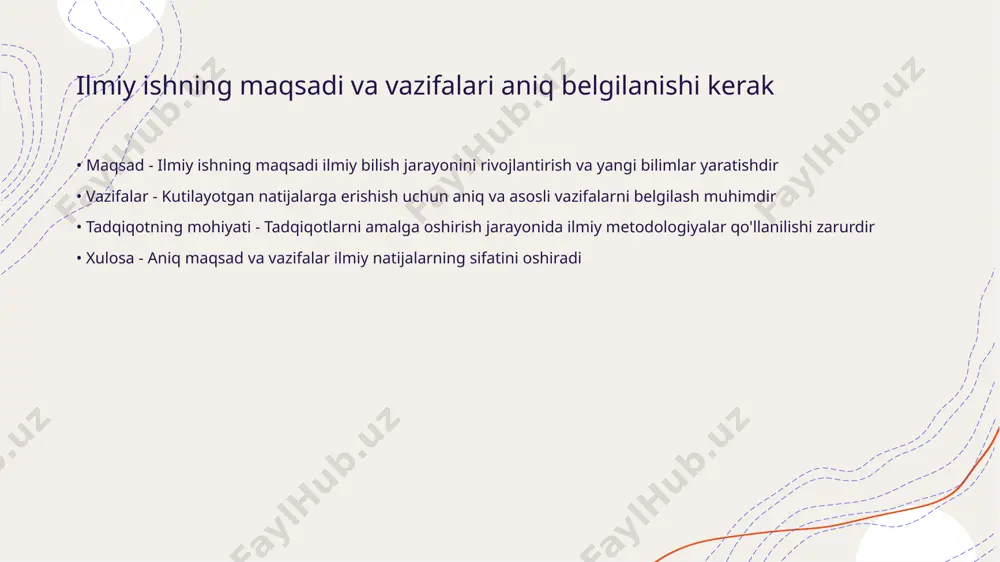 inlaydi. shuningdek, ilmiy ishlar o'zaro bog'liq bo'lgan yo'nalishlar va tushunchalarni o'rganish orqali tadqiqot jarayonida yangi bilimlarni yaratishga palvel qiladi. foydalanilgan adabiyotlar • - 1. abdullayev b.. (2018). *ilmiy-ishlar tuzilmasi nazariyalari va ularning amaliy qo'llanilishi*. toshkent davlat universiteti noshirligi. 2. karimov a., usmonova g.. (2019). *ilmiy tadqiqot metodologiyasi va struktura tahlili*. o'zbekiston fanlar akademiyasi matbuot xizmati. 3. nazarov t.. (2021). *akademik yozuv usullari va ularning o'ziga xos xususiyatlari*. tafakkur noshirlik uyi. 4. rajabov m.. (2020). *ilmiy sohalarda tarkibiy tuzilma modellari*. ilmiy tafakkur jurnali. 5. sharipov n.. (2017). *ilmiy maqolalar tuzilishi va tahlil usullari*. toshkent universiteti matbaasi. 6. yusupov s.. (2022). *ilmiy ishlanmalarni rivojlantirishning zamonaviy yo'nalishlari*. buxoro ilmiy axborotlari. thank you for your attention! image1.jpeg image2.jpeg image3.jpeg image4.png /docprops/thumbnail.jpeg