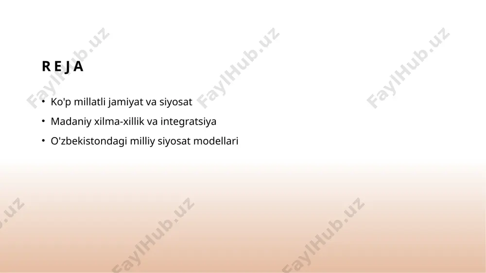hukumati ko'p millatli jamiyatni boshqarish uchun turli siyosatlarni ishlab chiqmoqda, bu esa madaniy xilma-xillikni saqlashga yordam beradi. madaniy xilma-xillik: o'zbekiston misolida tarixiy va zamonaviy yondashuvlar. tarixiy kontekst o'zbekistonning ko'p millatli madaniyati tarixiy jarayonlar bilan shakllangan. o'zbek, rus, qozoq va boshqa millatlarning o'zaro ta'siri bu xilma-xillikni kuchaytirdi. zamonaviy yondashuvlar bugungi kunda o'zbekistonda madaniy xilma-xillikni qo'llab-quvvatlash uchun zamonaviy siyosatlar ishlab chiqilmoqda, bu esa barqarorlik va ijtimoiy rivojlanishga olib keladi. madaniy meros o'zbekistondagi madaniy xilma-xillik, asosan, tarixiy meros, an'analar va urf-odatlar bilan bog'liq bo'lib, ularning saqlanishi uchun ko'plab dasturlar amalga oshirilmoqda. ijtimoiy integratsiya madaniy xilma-xillik ijtimoiy integratsiya jarayonlarini rivojlantiradi. turli millatlarning birga yashashi, ijtimoiy barqarorlikni ta'minlash uchun muhim ahamiyatga ega. integratsiya jarayonlari: millatlararo munosabatlar va ijtimoiy barqarorlik. 1 integratsiya jarayonlari integratsiya jarayonlari millatlararo munosabatlarni mustahkamlashga qaratilgan strategiyalar va faoliyatlar to‘plamidir, bu esa ijtimoiy barqarorlikni ta'minlaydi. 2 millatlararo munosabatlar millatlararo munosabatlar, turli etnik guruhlar o‘rtasida samimiy aloqalarni rivojlantirish va muammolarni hal qilish orqali ijtimoiy …