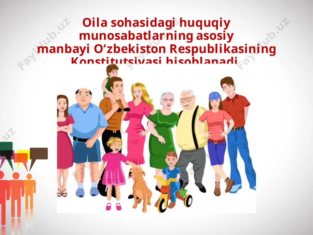 i, bolalar tarbiyasi, oila turmushi masalalarini hal qilish, mashg‘ulot turi, kasb va turar joy tanlash huquqlari kiradi. oilaviy-huquqiy munosabatlar o‘zining ba’zi bir belgilari bilan fuqarolik-huquqiy munosabatlarga o‘xshab ketadi. biroq bu o‘xshashlik faqat tashqi ko‘rinishdir. oila huquqining subyektlari har qanday boshqa munosabatlarda bo‘lganidek, oilaviy huquqiy munosabatlarda ham uch element: subyekt, subyektiv huquq va majburiyatlarni ko‘rishimiz mumkin. oilaviy munosabatlarning subyekti bo‘lib, er-xotin, ota-ona, bolalar, vasiylar va homiylar, boshqa qarindosh- urug‘lar hamda oila qonunlari sohasida u yoki bu munosabatlarni hal etishda ishtirok etuvchi yuridik shaxslar, fuqarolar uyushmasi, muassasalar, organlar, ijtimoiy birlashmalar hisoblanadi. savol va topshiriqlar 1. o‘zbekiston respublikasi konstitutsiyasida xotin-qizlar va erkaklar teng huquqli ekanliklari e’tirof etiladi. «oilada teng huquqlilik» tushunchasi qanday munosabatlarga nisbatan ko‘proq ishlatiladi? 2. oilaviy huquqiy munosabatlar deganda nimani tushundingiz? hayotiy misollar keltiring. 3. oilaviy huquqiy munosabatlar bilan fuqarolik huquqiy munosabatlarning bir-biridan farqi nimada? 4. oilaviy huquqiy munosabatlar subyektlariga misol keltiring. 5. nima uchun oila jamiyatning asosiy negizi deb ataladi? …