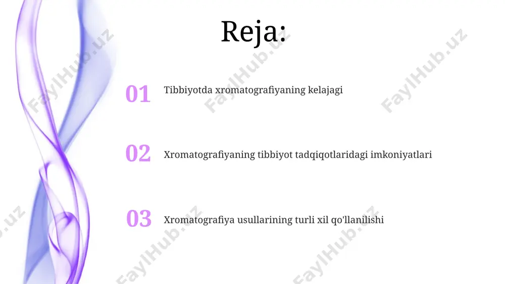 tografiyasi klinik sharoitlarda qon plazmasidagi 50 ga yaqin ionlarni ajratish va aniqlash uchun qo'llaniladi, bu elektrolit balansi buzilishlarini aniqlashga imkon beradi. farmakokinetika va farmakodinamika xromatografiya yordamida farmakokinetik tadqiqotlarda, masalan, plazmadagi dori konsentrasiyasining vaqtga bogʻliqligi 0,5 soatlik interval bilan aniqlanib, farmatsevtika preparatining yarim chiqarilish davrini aniqlash mumkin. xromatografiyaning yuqori sezgirligi tufayli, preparatning 1 ng/ml dan past konsentrasiyalarida ham farmakokinetik va farmakodinamik parametrlarini aniq aniqlash imkoniyati mavjud. farmakodinamik tadqiqotlarda xromatografiya yordamida qon plazmasida 10 ga yaqin turli metabolitlarni aniqlash va ularning terapevtik ta'sirga ta'sirini baholash mumkin. biomolekulalarni ajratish va aniqlash ikki o'lchovli gel elektroforezi (ige) kabi usullar bilan birgalikda ishlatilganda, mass-spektrometriya (ms) biomolekulalarni, xususan, oqsillarni, yuqori aniqlik va sezgirlik bilan aniqlash va identifikatsiyalash imkonini beradi. gaz xromatografiyasi (gx) kichik, uchuvchi biomolekulalarni, masalan, steroid gormonlarini va yog' kislotalarini, aniqlash chegarasi 1 ng/ml ga yetuvchi aniqlikda ajratish imkonini beradi. yuqori samarali suyuqlik xromatografiyasi (yuqx) yordamida qon plazmasidan 100 dan ortiq turli xil biomolekulalarni, jumladan, …