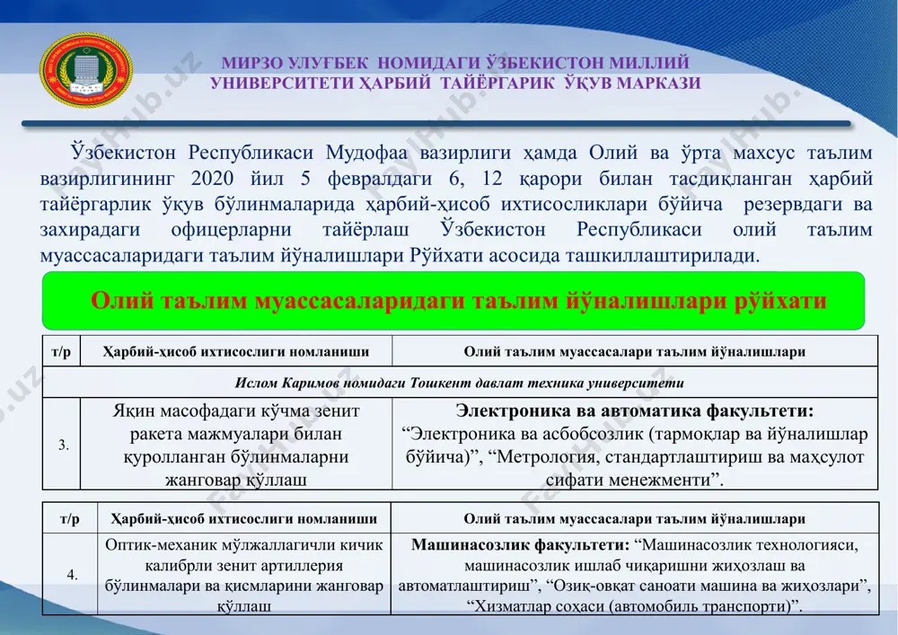 сули); - қон таҳлили (анализ крови); - сийдик таҳлили (анализ мочи); - ахлат таҳлили (анализ кала); - юрак экг кардиограммаси; - ички аъзоларнинг узи си (буйрак, жигар, ошқозон ва ўт пуфаги); - ошқозон текшируви (гастроэндоскопия); - қон таҳлилиари rv, қон резуси (справка кровь rv, резус крови). мирзо улуғбек номидаги ўзбекистон миллий университети ҳарбий тайёргарик ўқув маркази тиббий кўрикдан ўтиш вақтида тақдим қилинадиган маълумотномалар (справкалар) мирзо улуғбек номидаги ўзбекистон миллий университети ҳарбий тайёргарик ўқув маркази 3. отмда таълим олиш жараёнида ўзлаштирилган билим даражаси натижалари талабанинг отмда таълим олиш жараёнида ўзлаштирилган билим даражасини баҳолаш натижаси отмдаги ҳтўбга қабул қилишдан олдинги ўқиш даврида тўпланган баллар йиғиндисидан ташкил топади. бунда талабанинг уч семестр давомидаги умумий ўртача ўзлаштариш кўрсаткичи (ўзлаштариш тегишли равишда 55 баллдан 100 баллгача бўлган диапазонда ифодаланади) аниқланади. талабанинг отмда таълим олиш жараёнида ўзлаштирилган билим даражасини баҳолаш натижалари отм томонидан расмийлаштирилади ва танлов ўтказиш бўйича комиссияга юборилади. мирзо улуғбек номидаги ўзбекистон миллий университети …