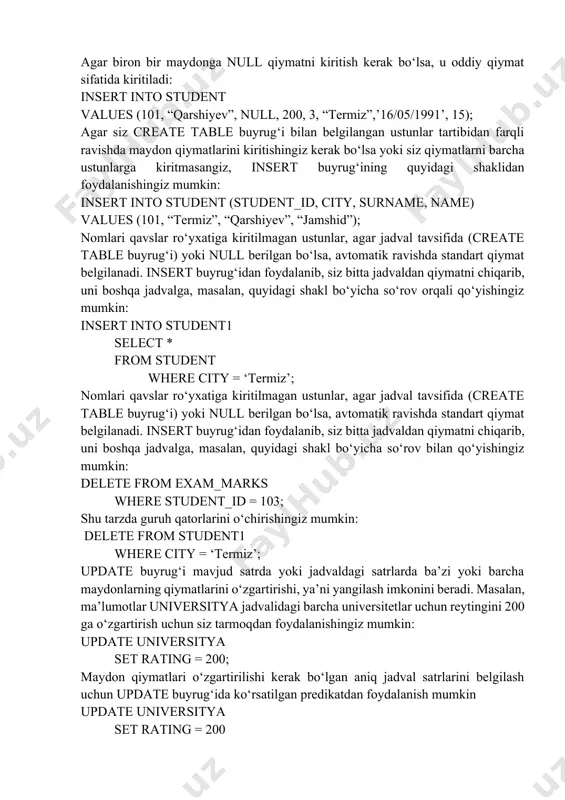 ing = 200 where city = “termiz”; ushbu so‘rov natijasida reyting faqat termizda joylashgan universitetlar uchun o‘zgartiriladi. update buyrug‘i nafaqat bitta, balki ko‘plab ustunlarni o‘zgartirishga imkon beradi. jadvalni ko‘rsatish uchun qiymatlari o‘zgartirilishi kerak bo‘lgan maxsus ustunlar uchun set-bandidan foydalaniladi. masalan, o‘rganilayotgan fan nomi “matematika” uni “oliy matematika” nomi bilan almashtirilishi kerak (buning uchun subj_id = 43) dan foydalanamiz bu almashtirishlar uchun ishlatiladigan buyruq nomi, bunda identifikatsiya raqami saqlanishi kerak, ammo jadval mavzusidagi tegishli maydonlarga ushbu mavzu bo‘yicha yangi ma’lumotlar kiritilishi kerak bo‘ladi. buning uchun bizga quyidagicha talab qo‘yiladi: update subject1 set subj_name = oliy matematika’, hour = 36, semester = 1 where subj_id = 43; set buyrug‘ida update buyruqlaridan foydalanishingiz mumkin bo‘ladi, bunda qiymatni qanday o‘zgartirish kerakligini ko‘rsatadigan skalyar ifodalar o‘zgaruv-chining qiymatlari bo‘lgan maydonlar va boshqa sohalarda ishlatish mumkinligini bildiradi. update universitya set rating = rating*2; masalan, termizdagi talabalar uchun student jadvalidagi stipendiya maydonini ikki baravarga oshirish uchun quyidagi so‘rovdan …