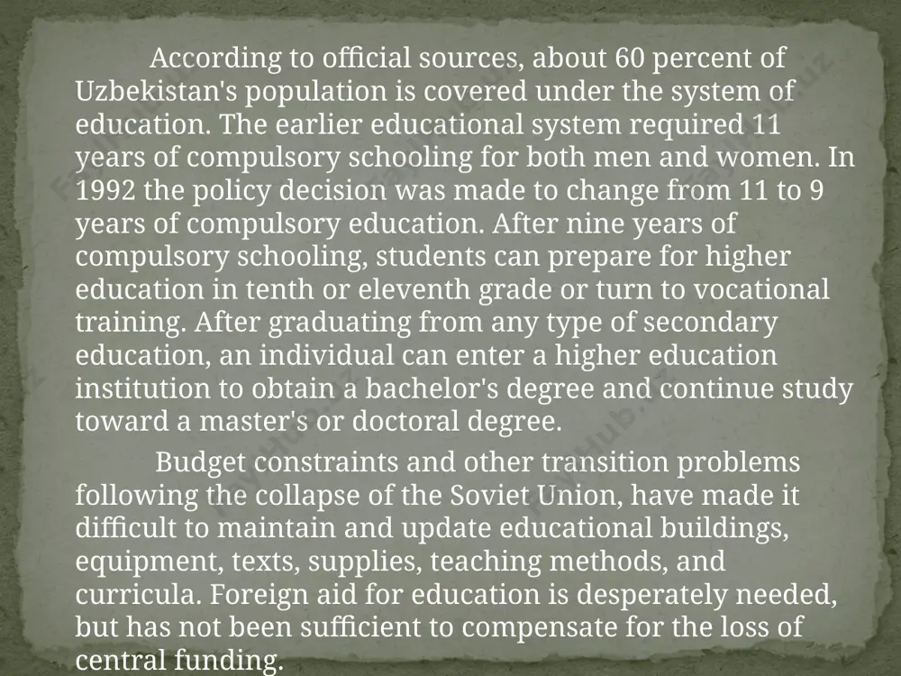 therefore, until 1991, uzbeks preferred schools with instruction in russian for their children. to not do so would have put them at a great disadvantage socially. after uzbekistan gained its independence, uzbek (not russian) became the official language of instruction. in 1998-1999, some 76.8 percent of pupils at day schools were educated in uzbek. examinations in the educational system of uzbekistan are primarily oral. universities, institutes, and some colleges still have entrance exams. course exams occur only at the end of the course (semester). state exams are taken at higher education institutions at the completion of all coursework. the grading system of uzbekistan is numerical. the highest grade is 5 (excellent = a), then follows 4 (good = b), 3 (satisfactory = c), and 2 (unsatisfactory = f). one is never used. final grades are determined by test scores, papers, attendance, and class participation. because compulsory education is freely provided …