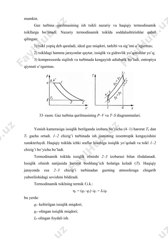 da ishlatilgan gazlarning issiqlik almashinuvi; 6–3 atmosferaga chiqariladigan gazlarning izobarik sovishi; q1–1 kg havoning regeneratorda olgan issiqlik miqdori; q2–1 kg gazning havoga uzatgan issiqlik miqdori q1 = cp(t5 – t4); q2 = cp(t2 - t4). regeneratsiya paytida bosim oshirish darajasining optimal qiymati tushadi. shuning uchun regeneratsiyaning qo’llanilishi f.i.k.ning oshishiga olib keladi. bu turdagi gaz turbinali qurilmaning f.i.k. ( = 0,87–0.89 ga teng. lekin regeneratsiyaning optimal qiymati olinmasa regeneratorning yuzasi ortib, metall isrofiga olib kelishi yoki uning aksi bo’lishi mumkin. bu holni regeneratsiya darajasi xarakterlaydi. regeneratsiya darajasi r < 0,5 dan kichik bo’lsa, regeneratsiya qo’llanilishidan iqtisodiy samara olinmaydi. zamonaviy gaz turbinali qurilmalarda bu daraja ko’rsatkichi 0,6–0,8 ga teng. bunda yoqilg’i 22–28 % iqtisod qilinadi, chunki yonish kamerasida havoni qizdirish uchun kam yoqilg’i sarf etiladi. regeneratsiya darajasi texnik iqtisodiy taqqoslash yo’li bilan kompressor f.i.k.i boshlang’ich harorat, gabarit ko’rsatkichlar va ish rejimini e’tiborga olinib qabul qilinadi. 3. havoni pog’onali siqish va pog’onali yondirishli …