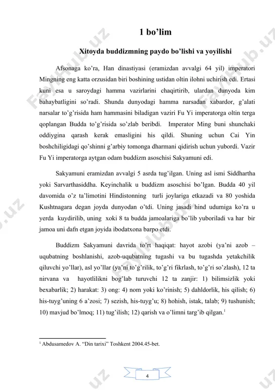 u nafaqat buddizmni yoyish uchun maxsus guruh va tashkilotlar tuzdi, balki buddizmga xos inshoat ya’ni pagodalarni ham qurdirdi. shu orqali butun dunyoga buddizmni yoyishga harakat qildi. buddizm avval quyidagi davlatlarga yoyilgan: shri lanka, myanmar, shimoliy pokiston, afg’oniston. kushon sulolasi (50-300) davrida odamlar ko’chmanchilarga o’xshab yashashgan. sakyamunining tajribasi 4 asosiy toifaga bo’linadi. ulardan biri tug’ilishdir. uning “500 yoki 550” oldingi g’oyalaridan keyin, u oxir oqibat u tushita osmonida tug’ilib, bodhisattva holatiga yetishdi va osmondan oq fil ko’rinishida tushdi. yer yuzidagi eng oqila ayol – maya uni ikkinchi oyning 8-kunida lumbini daraxti tagida og’riqsiz dunyoga keltirdi. shunday qilib lumbini daraxti buddaviylar uchun muqaddas joyga aylangan. uning ikkinchi tajribasi fikrning oydinlashuvi. shahzoda bo’lib tug’ilishiga qaramay, yoshligidan u juda qiziqqon bo’lgan. tug’ilganidan 7 kun o’tib, uning onasi vafot etadi va uni xolasi prajapati o’z tarbiyasiga oladi. odamlarning qiyinchiliklarini u birinchi bo’lib sayohati davomida ko’rdi. hayotning bu qiyinchiliklarini ko’rib hafa bo’ldi va o’z oilasini tashlab, …