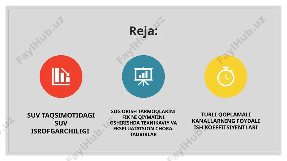 a loyqa cho’kishi bilan yana kamayadi. yilni issiq davrida isrof miqdori ortib kuz va qishda bu qiymat kamayadi. kanal bir xil tartibda ishlaganda suv isrofi nisbatan kam bo’ladi. kanal ish tartibini tez-tez o’zgarib turishi va ayniqsa kanalda suv sarfini kam bo’lishi suv isrofi qiymatini ko’payishiga sabab bo’ladi. 03.06.2023 03.06.2023 03.06.2023 amaliyotda aniqlanilishicha suv isrofini turlari buyicha taqsimoti quyidagicha: umumiy suv isrofi 100 % dan sizilishga –(90-95)% parlanishga-(2-4)%, texnik sabablarga ko’ra (3-6)%. bundan ko’rinib turibdiki suv isrofini asosiy turi bu kanallardan suvni sizilishga bo’lgan isrof qiymatidir\ kanal o’zanini shibbalash. bu uslubda suv isrofi 50-60% ga kamayadi. uni amalga oshirish yo’llari turlichadir. tuproq optimal namlikka erishganda (og’ir sof tuproqlarda 22-25 %, o’rta sof tuproqlarda 21-23 %, yengil sof tuproqlarda 15-18 %, qumoq tuproqlarda 12-15 %) ekskavator xartumiga osilgan og’irligi 3-5 t.li yuk (temir beton, plita) 3-5 m balandlikka kutarilib bir joyga 3-9 marotabagacha tashlanadi. zichlangan tuproq qalinligi 40-50 sm bulishligi va u …
