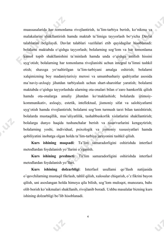 hirishda interfaol metodlardan foydalanish yo’llari. kurs ishining dolzarbligi: interfaol usullami qo’llash natijasida o’quvchilarning mustaqil fikrlash, tahlil qilish, xulosalar chiqarish, o’z fikrini bayon qilish, uni asoslangan holda himoya qila bilish, sog’lom muloqot, munozara, bahs olib borish ko’nikmalari shakllanib, rivojlanib boradi. ushbu masalalar bizning kurs ishining dolzarbligi bo’lib hisoblanadi. ta’lim muassasalarining bir turi sifatida maktabgacha ta’lim muassasasi, shubhasiz, ularning har qaysisiga xos, bolalarning tarbiyasi, ta’limi, rivojlanishi va salomatligiga yaxshi yo‘nalganligi bilan bog‘liq umumiy xususiyatlarga ega. shu asnoda tarbiyalanayotgan bolalarning yosh xususiyatlariga ko‘ra maktabgacha ta’lim muassasasi faoliyati boshqa ta’lim muassasalarida kechadigan pedagogik jarayonlardan jiddiy farq qiladi. shundan kelib chiqib, aytish mumkinki, ta’lim sifatini boshqarishning umumiy nazariy yo‘llarini maktabgacha ta’lim amaliyotiga mexanik ravishda ko‘chirish mumkin emas. ular maktabgacha ta’lim muassasalari faoliyatining o‘ziga 5 xosliklariga mos yangi mazmun bilan to‘ldirilishi kerak. e’tirof etish joizki, ta’lim tizimining hozirgi kundagi rivojlanish bosqichida uning birinchi bo‘g‘ini hisoblangan maktabgacha ta’limda jadal o‘zgarishlar yuz bermoqda. shu sababli, maktabgacha ta’lim muassasalari …