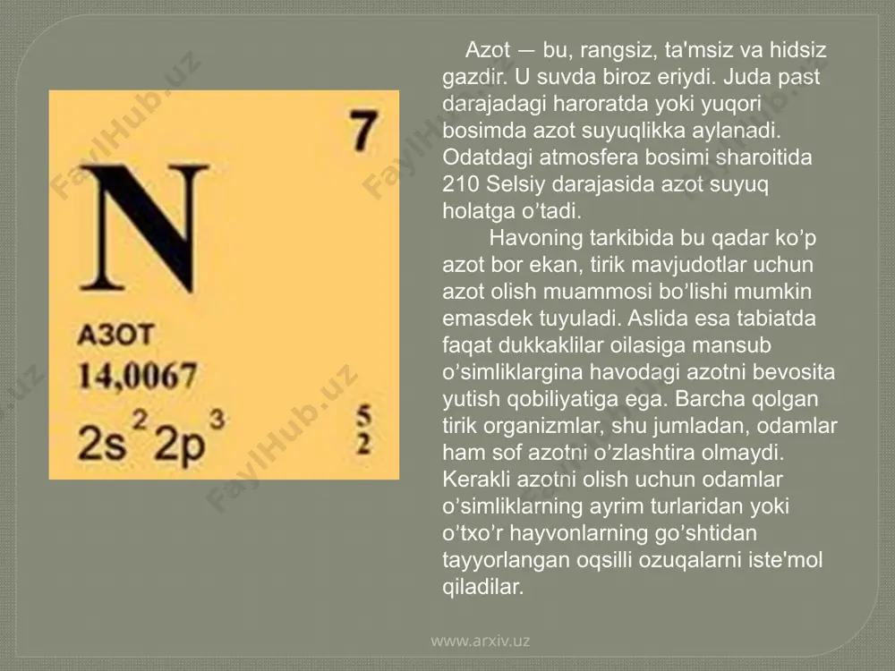 q cho‘l iqlimida ko‘p miqdorda selitra to‘planadi. azot oqsillar, nuklein kislotalar,xlorofill va fermentlarning ajralmas tarkibiy qismi bo‘lganligidan o‘simliklar hayot faoliyatida asosiy ahamiyatga ega. o‘simliklar tuproqdagi azotli moddalarni o‘zlashtirib, ulardan oqsil hosil qiladi. havodagi erkin azotni azot birik-malariga aylantiruvchi mikroorganizmlar tufayli tuproqda ancha miqdorda azot to‘planadi. u tuproqda asosan to‘rt xil birikma holida: chirindi (gumus) azoti, ammoniy tuzlari, nitratlar (no3), oqsil organik azoti (to‘liq parchalanmagan o‘simlik qoldiqlari) va ularning o‘zgarish mahsulotlari —aminokislotalar, peptidlar, amidlar va aminlar holida mavjud bo‘ladi. www.arxiv.uz www.arxiv.uz azot miqdori ko’p bo’lishi o’simlikning yer usti qismlarining o’sishini juda tezlashtirib yuboradi, bu esa vegetatsiya davrining cho’zilishiga va urug’lar pishishining kechikishiga olib keladi. azotning yuqori konsentratsiyasi hujayralarning deffereansatsiya fazasini kechiktiradi va natijada gullarning hosil bo’lishi ham ancha kech boshlanadi. shuning uchun ham o’g’itlardan foydalanish jaraynida vegetativ azolarning bir yoqlama o’sib ketishiga yo’l qo’ymaslik zarur www.arxiv.uz www.arxiv.uz mineral elementlar o’simliklar tanasidagi miqdoriga qarab 3 guruhga bo’linadi: makroelementlar mikroelementlar ultramikroelementlar makroelementlarga – …