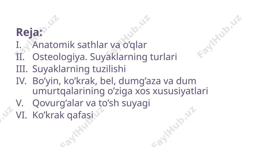 tebrale facies articularis inferior facies articularis superior bo’yin umurtqalari tuzilishiga ko’ra tipik atipik corpus vertebrae foramen vertebrale processus spinosus processus articularis processus transversus tipik bo’yin umurtqalarining boshqa umurtqalardan farqi corpus vertebrae foramen vertebrale processus spinosus processus articularis processus articularislar frontal va gorizontal tekislik orasida joylashgan processus transversus tuberculum posterius tuberculum anterius foramen transversarium sulcus nervi spinalis a.vertebralis a.caroticus processus transversus sulcus nervi spinalis yo’q tuberculum posterius et anterius yo’q atipik bo’yin umurtqalarining tipik bo’yin umurtqalardan farqi tipik atipik atlasning tuzlishi qismlari arcus anterior massae laterale arcus posterior arcus anterior qismlari tuberculum anterius fovea dentis arcus posterior qismlari tuberculum posterius sulcus a.vertebralis massae laterale qismlari facies articularis superior et inferior processus transversus foramen transversarium axisning tuzlishi qismlari facies articularis superior et inferior processus transversus processus spinosus corpus arcus corpus dens ligamentum transversum atlantis facies articularis posterior dens apex dentis facies articularis anterior facies articularis posterior corpus fovea costalis superior fovea costalis …