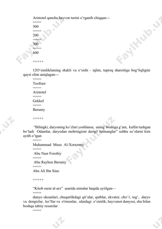lar, qushlar, ilonlar hayotidagi davriy hodisalar” ==== “fizionomiya” ==== “bobumoma” +++++ vnsukachev, keller, vvalyoxin, vgramenskiy, pshennikov va chet el olimlaridan — fklementes, kraunkiyer, tdyu riye, ibraun blakea qaysi sohada ish olib borgan ==== briologiya ==== ekologiya ==== mikologiya ==== fitotsenologiya +++++ hayvonlarning morfologik va evoiyutsion ekologiyasini rivojlantirishda qaysi olimlar katta hissa qo‘shgan ==== msgilyarov, ssshvars ==== gfmorozov ==== i seversov, nkrasnov ==== tdyu riye, ibraun +++++ qaysi olim tomonidan gulli o‘simliklarning hayot shakllari tasnifi ishlab chiqildi ==== igserebyakov ==== vn sukachev ==== keller ==== f mebius +++++ ‘ekotizimlar talimoti’ni kim ilgari surgan ==== 1935 yili ingliz olimi tensli ==== 1942 yili vn sukachev ==== 1950 yillar godum ==== 1940-yillar keller +++++ ekologiya — geografiya yo‘nalishiga asoslangan 0 ‘rta osiyo ekologiya maktabi hozirgi 0 ‘zbekiston milliy universiteti qoshida nechanchi yillarda shakllandi ==== 1930-yillarda ==== 1950 yillaming boshida ==== 1940-yillaming boshlarida ==== 1935 yil +++++ 0 ‘rta osiyoda zooekologik yo‘nalishdagi kompleks ishlarning …