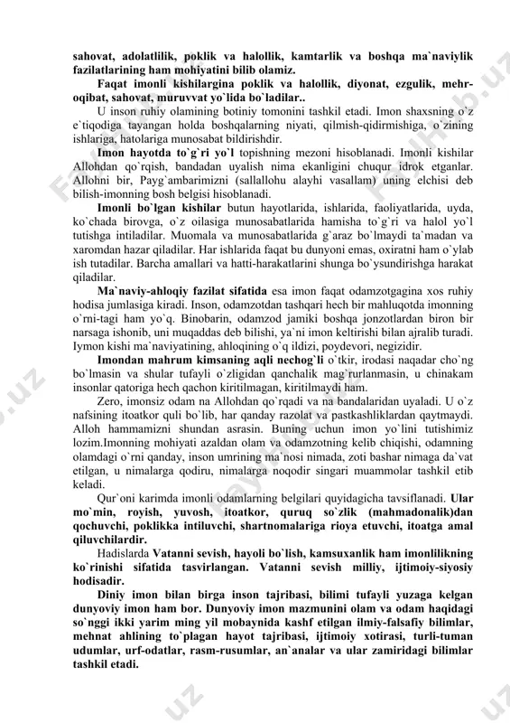 ngi kun talablari bilan bog`liq holda boyitib targ`ib etishning yangi bunyod etilayotgan fuqarolik jamiyati uchun ahamiyati kattadir. istiqlol yillarida buyuk bobokalonlarimizning ma`naviy merosini tadqiq etish, asarlarini nashr qilish, yubileylarini nishonlash mamlakatimizda odat tusiga kirib, millatimizning har tomonlama uyg’onib, kamol topishiga keng imkoniyat yaratmoqda. xususan islom falsafasi asarlarini, diniy ulamo va allomalarning merosini nashr qilish, o’rganish, targ’ib etish xalqimizni islomiy qadriyatlardan baxramand qilishga katta yo’l ochdi. viii-xii asrlar butun musulmon jamiyatida fan va madaniyat, ilm va tafakkur rivojlangan bir davr bo`ldi. bu davrda diniy bilimlar bilan bir qatorda dunyoviy ilmlar ham o`z rivojiga ega bo`ldi. islom dini - arabiston yarim oroli doirasidan chiqib, taraqqiy etgan jahon diniga aylandi. islomning din sifatida shakllanib, rivojlanishi aynan shu davrlarga to`g`ri keladi. albatta, bunga turli mintaqalardagi jarayonlar o`z ta`sirini ko`rsatdi. xususan, movarounnahrning islom madaniyati va fanning algebra, astronomiya, falsafa, tarix, hadis, kalom va boshqa sohalariga ko`rsatgan ta`siri juda kattadir. ayniqsa fiqh ilmi sohasida movarounnahrning tutgan …