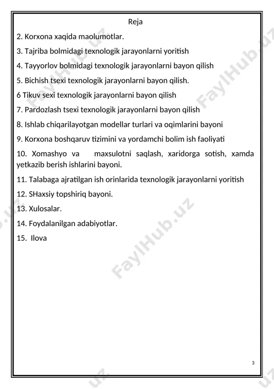 tnashdim va ko’rsatilgandek bajarishga harakat qilidim. men uchun juda ham katta malaka bo’lgan bu amaliyot davrida yetarlicha ko’nikmalarga ega bo’ldim. tajriba bolmidagi texnologik jarayonlarni yoritish korxonaga buyurtma tushishidan avval har qanday buyurtmachi va xaridorlar o’sha korxonani ishini yaxshilab tekshiradi. korxonadagi tartib, ishchilarning ish samaradorligini, ishning sifatli tayyor bo’lishi, hamyonbop va tejamkor bo’lishi xaridorlarning ya’ni buyurtmachining eng asosiy talabidir. ish olib borishi ma’qul kelgandan so’ng buyurtmachi beradigan buyurtmasidan namuna qilib berishlarini so’raydi. ushbu namunani tajriba bo’limida tayyorlashadi. katta sexlar va firmalarda buning uchun alohida xona va mashinalar tayyorlangan bo’lib ushbu xonalarda mutahassislar ishlaydi. kichikroq korxonalarda esa alohida xona tashkillanmaydi lekin faqatgina mutaxassislar namuna ishini tikishadi. namuna bir yoki bir nechta dona tayyorlanadi. bazi sexlarda ortiqcha tayyorlangan namuna ishlaridan ko’rgazma tashkillanadi. bu ko’rgazmalar ham tajriba bo’limi ishiga kiradi. kelgan xaridorlarga ushbu ko’rgazmalarni ko’rsatishadi. namuna ishimiz xaridor yoki buyurtmachiga ma’qul kelgan bo’lsa tayyor bo’lgan namuna ishiga qarab narx ham ketadigan mahsulotlar ( material, …