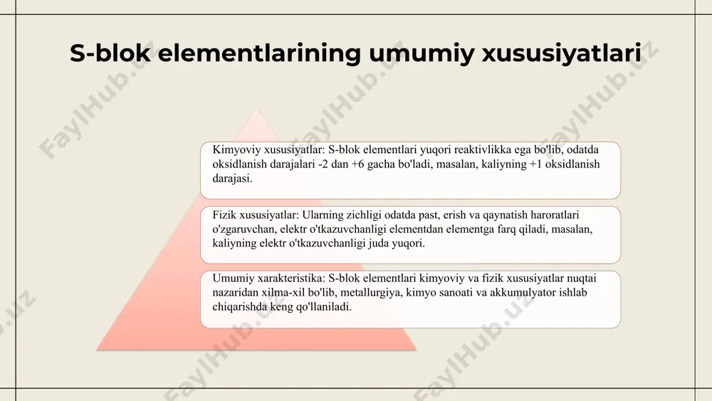 xarakteriga ega. s-blok elementlarining guruhlari va ularning farqlari asosiy guruhlar 1 va 2, ular kation hosil qilishga moyil. masalan, litiy, natriy, kaliy, magniy, kaltsiy, va ular kimyoviy xususiyatlarda farq qiladi. s-blok elementlarining turlari s-blok elementlari asosiy ikki turga bo'linadi: alkalin metallari va alkalin yer metallari. ular reaktivligi, fizik va kimyoviy xususiyatlari bilan ajralib turadi. natriy, kaliy, beriliy kabi alkalin metallari juda reaktiv bo'lib, suyuqlik va gaz holatida bo'lishi mumkin. ularning fizik xususiyatlari, masalan, yumshoq va metallar bilan yaxshi bog'lanadi. s-blok elementlari o'rtasida kimyoviy o'zaro ta'sirlar mavjud, masalan, nacl tuzi, bu yerda na va cl ionlari issiq bilan bog'langan. ular kovalent va ion bog'lari bilan bog'liq bo'lishi mumkin. 1 2 3 alkalin metallari alkalin metallari li, na, k, rb, cs va fr elementlaridan iborat. ularning fizik xususiyatlari: yumshoq, engil, yuqori reaktivlik va past erish nuqtasi. kimyoviy xususiyatlari: yuqori reaktivlik, valent elektronlar, oksidlanish tendentsiyasi va suv bilan reaksiyada vodorod gazini chiqaradi. ularning …