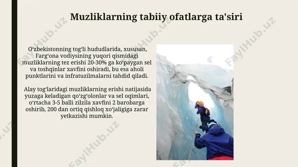 ʻlaridagi muzliklardan olingan muz namunalarini tahlil qilish natijasida soʻnggi 100 yil ichida atmosfera ifloslanishining sezilarli darajada oshganligi va uning muzliklarga ta'siri aniqlangan. gidrometeorologik kuzatishlar gidrometeorologik kuzatishlar natijalariga koʻra, soʻnggi 10 yil ichida fargʻona vodiysidagi daryolarga muzliklardan tushadigan suv hajmi 15% ga kamayganligi aniqlangan. toshkent yaqinidagi gidrometeorologiya ilmiy-tadqiqot instituti gidrometeorologik kuzatishlar ma’lumotlaridan foydalanib, 5 yillik prognozlar tuzadi va suv resurslarini boshqarishga yordam beradi. muzliklarning yoshi va dinamikasi alay togʻlaridagi muzliklarning harakat tezligi yiliga oʻrtacha 10-15 metrni tashkil etadi va bu tezlik iqlim oʻzgarishlariga bogʻliq holda oʻzgarib turadi. chatqol va qurama togʻlaridagi muzliklarning dinamikasi soʻnggi 50 yil ichida sezilarli darajada oʻzgargan, ularning maydoni 20-30% ga kamaygan. muzliklarni oʻrganish usullari музликлардаги 10-20 йил оралиғидаги ўзгаришларни кузатиш учун геодезия усуллари, жумладан, gps ва нивелир ёрдамида баландлик ўзгаришларини ўлчаш ва тошкент вилоятидаги музликлар динамикасини аниқлашда самарали. музликларнинг ер усти ва сунъий йўлдошдан олинган юқори аниқликдаги (1-5 см) фотосуратлар ёрдамида 3d моделлаштириш орқали ўрганилиши, бу чотқол …