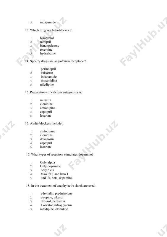 rug, which is undesirable to appoint in peptic ulcer disease: 1. reserpine 2. klofellin 3. dopegit 4. prozazin 5. amlodipine 27. what property of beta-blockers specified below, gives them an advantage in the treatment of hypertension? 1. intrinsic sympathomimetic activity 2. membrane stabilizing activity 3. cardioselective 4. vasodilatation 5. antiarrhythmic effect 28. which of the calcium antagonist has the property specified in the picture? 1. verapamil 2. ( вазоселективность ) ( максимальная )diltiazem 3. amlodipine 4. ( ? )cinnarizine 5. gallapamil 29. what medications affect the pathogenetic link above development of hypertension? a. enalopril, bisoprolol, metoprolol b. enalopril, lisinopril, valsartan c. propranolol, clonidine, reserpine d. nifedipine, amlodipine, felodipine e. indapamide, hydrochlorothiazide, clopamide 1. contraindications to the use of this drug: 1. hypertension pregnant 1. renovascular hypertension 1. heart failure 1. hypertension in young 1. hypertension with coronary artery disease 2. in some cases, said preparation is the drug choice at …