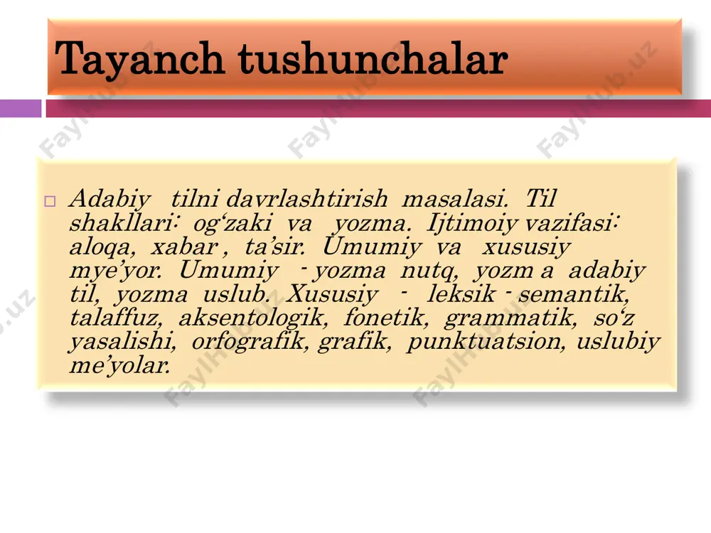 , radio-televideniye, ilm-fan, ma’muriy-idoraviy hujjatlashtirish ishlari olib boriladi; qonun, farmon va qarorlar shu tilda e’lon qilinadi. a) adabiy til b) adabiy tilning d) adabiy tilning adabiy tilda davlat ishlari- millatning barcha vakillari uchun umumiydir ilmiy adabiyotlarda: 5) uslubiy farqlanish xususiyatiga egalik; 1) ishlov berilganlik; 2) me’yorlashganlik; 3) barqarorlik; 4) majburiylik; [image info] www.wizdata.co.kr - note to customers : this image has been licensed to be used within this powerpoint template only. you may not extract the image for any other use. adabiy tilning 6) universallik; 7) og`zaki va yozma shaklga egalik yozma nutq og„zaki nutq 14 adabiy tilining bu shakllari nutqiy faoliyat nuqtai nazaridan: oddiy sо„zlashuv nutqi; adabiy sо„zlashuv nutqi. 15 og„zaki nutq dastlab ikki turga ajratiladi:  og„zaki nutqda shevachilikning ta‟siri kuchli bо„ladi;  og„zaki nutqda yozma nuqtdagi kabi kо„plab ish tutish imkoni kam bо„ladi. chunki og„zaki nutq yozma nutqdan tezkor (avtomatik) jarayon ekani bilan farqlanadi;  og„zaki nutqning …