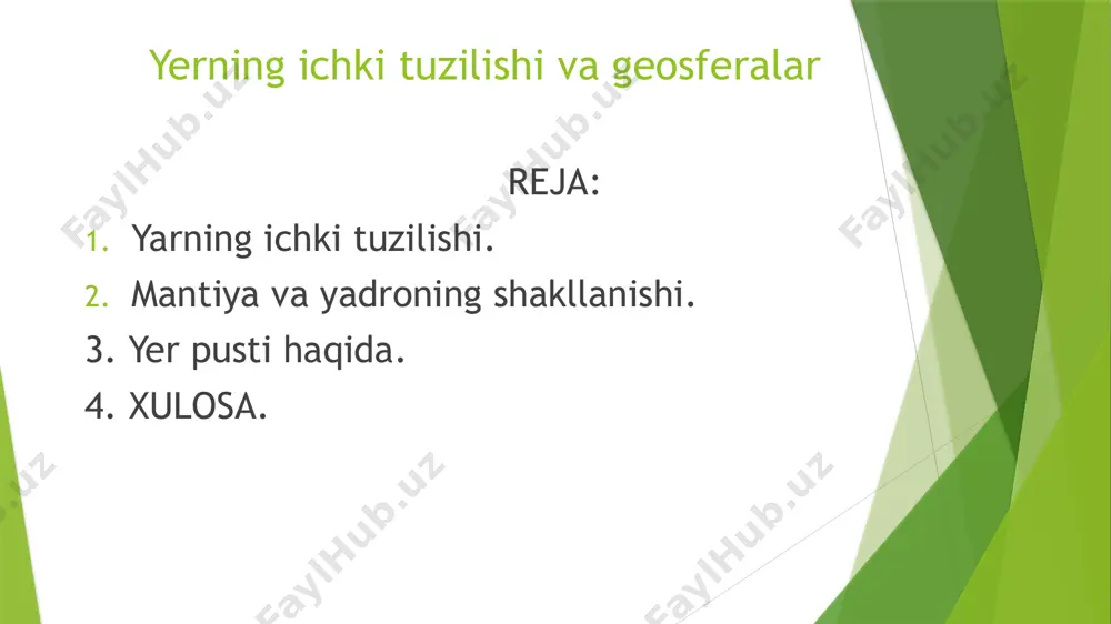 eo va σφαῖρα - sfera) — yerni tashkil etgan konsentrik qobiklar. yerning ustidan markaziga tomon atmosfera, gidrosfera, yer poʻsti, mantiya, yadro geosferalarlari ajratiladi. ichki va tashqi geosferalar farq qilinadi. tashqi geosferalar atmosfera va gidrosfera, ichki geosferalar yer poʻsti, mantiya va yadrodan iborat. geosferalarning ichki tuzilishi toʻgʻrisidagi tasavvurlar geofizika maʼlumotlariga asoslangan. yer poʻsti mantiyaning ustida joylashgan va undan moxorovichich yuzasi bilan ajralgan. yer poʻstining qalinligi okeanlar tubida 3–12 km, kontinental zonada oʻrtacha 35 km, eng qalin joyi togʻliklar ostida 50–84 km. moxorovichich yuzasining tagida 2900 km chuqurlikda yer mantiyasi oʻrnashgan. u ikkiga — yuqori va quyi mantiyaga ajraladi. yuqori mantiyaning kalinligi 850–900 km, quyi mantiyaniki — 2000 km ga yaqin. mantiyaning yer poʻsti ostida joylashgan qismi substrat deb yuritiladi. yer poʻsti substrat bilan birgalikda litosferani tashkil etadi. yuqori mantiyaning pastki qismi boʻlgan astenosferaning massasi yuqori darajada plastik boʻlganligidan seysmik toʻlqinlar oraliq qatlamlarga qaraganda sekinroq tarqaladi. astenosfera quyi mantiyadan golitsin qatlami bilan …