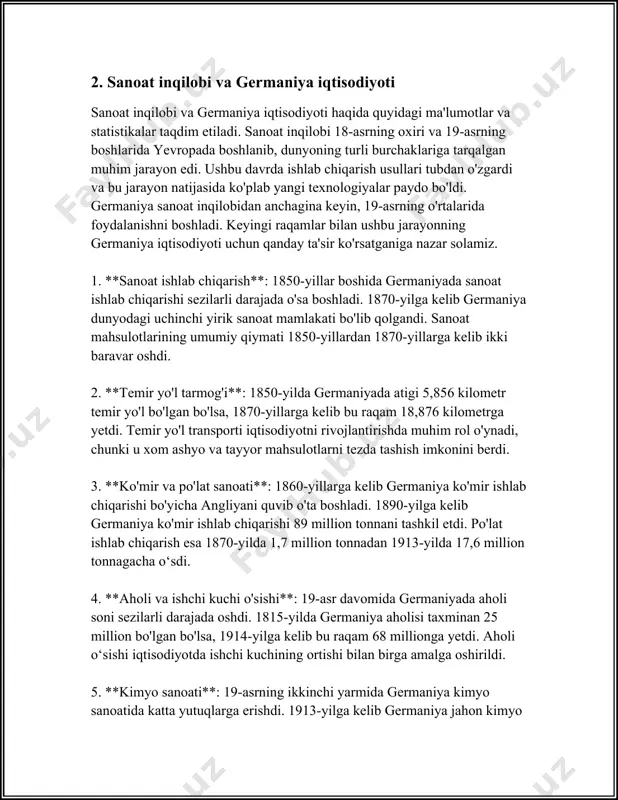 , germaniya dunyodagi eng katta eksportchilar qatorida bo'lib, eksport hajmi 2021 yilda 1.3 trillion evroni tashkil etdi. 5. energetika siyosati: germaniya energiya siyosatini diversifikatsiya qilish ustida jiddiy ish olib bormoqda. 2020 yilda germaniyada energiyaning 46% yangilanadigan manbalardan ishlab chiqarildi. ayniqsa, shamol va quyosh energiyasi muhim manbalar bo'lib qolmoqda. 6. ishsizlik va mehnat bozori: germaniya mehnat bozorida barqarorlikni saqlamoqda. 2021 yilda ishsizlik darajasi 5% atrofida edi. shu bilan birga, germaniyada ishsizlik nafaqalari va ish bilan ta'minlash dasturlari iqtisodning barqarorligini ta'minlashga xizmat qiladi. 7. raqamli iqtisodiyot: germaniya raqamli iqtisodiyot rivojida ham muhim o'rin egallaydi. 2020 yilda texnologik bo'limlar va xizmatlar salmoqli iqtisodiy ko'rsatkichlarni taqdim etdi hamda raqamli infratuzilmani kengaytirish uchun davlat subsidiyalari kengaytirildi. 8. sanoat 4.0: germaniya sanoat 4.0 yo'nalishini rivojlantirishda yetakchi hisoblanadi. bu yirik korxonalar tomonidan raqamli texnologiyalarni va avtomatlashtirish tizimlarini keng ko'lamda qo'llashni o'z ichiga oladi. 2018 yilda germaniya sanoat korxonalarining 25% dan ortig'i sanoat 4.0 texnologiyalarini joriy qilgan. 9. …
