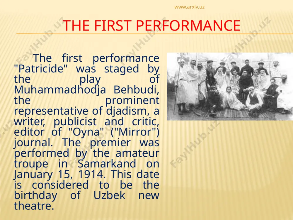 ts current building since 1967. since then the building has been renovated numerous times, and in 2001 was restored completely. www.arxiv.uz "ilkhom" theatre the theatre “ilkhom” is the professional non-state theatre of uzbekistan. the theatre was founded in 1976 by the director mark weil and a part of the group of tashkent theatre institute graduates. at the beginning the theatre has the name of esty the «ilkhom» (experimental studio of theatrical youth-actors, artists, musicians, theatricals). theatre team did plays based on works of modern and young playwrights of vampilov, zlotnikov, bashkbekov, guseynov, razumovskaya. www.arxiv.uz state opera and ballet theatre named after alisher navoiy state opera and ballet theatre named after alisher navoiy is the only bolshoi theatre on the whole territory of central and south-eastern asia. the history of the theatre started in 1929, when amateurs of concert-ethnographic group began to work under the leadership of m. kari-yakubov and founded …