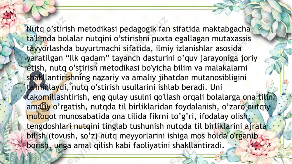 shi rivojlangan nutq tushunarli ta'sirchan bo'ladi, bola o’z nutqini to’zatib boradi. nutq o’stirish metodikasining asosiy vazifasi tarbiyachilarni maktabgacha ta'limda nutq o’stirishning ilmiy pedagogik asoslangan, eng samarali natija beradigan omillari, vositalari va usullarini ishlab chiqish, tarbiyachi, pedagog, ota-onalarni nutq o’stirish usullari haqidagi bilimlar bilan qurollantirish, eng qulay usullardan foydalanish, nutq o’stirish mashg’ulotlarini tashkil etish samaradorligini oshirishga doir bilimlar bilan qurollantirishdan iboratdir. thank you image1.png image2.png image5.png image6.jpeg image7.jpeg image8.png