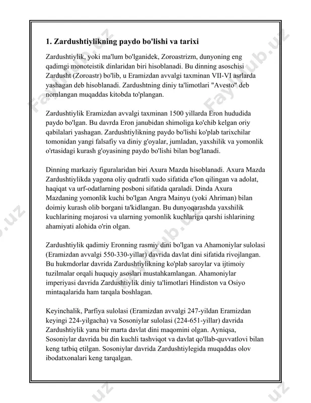 periyasining asosini tashkil etgan. ahamoniylar sulolasi (taxminan miloddan avvalgi 550-330 yillar) ahura mazdani ulug‘laydi va ularning hukmronligidagi asosiy diniy yo‘nalishlardan biri sifatida shakllantirgan. doro i va ahmoniy xu kxorshid marmar idorasida ahura mazda nomli va uning ulug‘vorligini ulug‘lovchi yozuvlar mavjud. ahura mazda narigi dunyo bilan aloqalarni e'lon qilgan oliy ilohiy sifatida, zardushtiylikning muqaddas kitobi "avesto"da markaziy personajdir. ushbu kitobda ahura mazdaning insoniyatga taqdim etgan ilohiy qonun va axloqiy qoidalar mavjud. ahura mazda bu e'tiqodda nur borasida va uning eng qadimiy dushmani bo‘lgan zulm va yomonlik quvvati angra mainyu bilan kurashda ijobiy kuchlarning ramzidir. ahura mazda va unga sig'inish jarayoni, asosiy jihatdan o‘zini tozalikka va ruhiy poklikka erishishga qaratilgan. zardushtiylar suv, er, o‘t va havoni muqaddas deb bilishlari sababli, bu elementlarga hurmat ko‘rsatish zardushtiy ibodatlarida markaziy ahamiyatga ega. ahura mazdaga diniy xizmat ko'rsatishda muhim ahamiyatga ega bo'lgan yondashuvlardan biri odamlarning o'zlarini axloqiy va ruhiy nuqtai nazardan ulug'lanish loyihasiga bag'ishlashlari kerakligidir. unga …