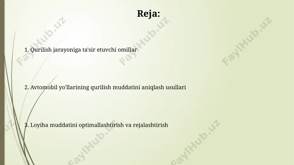 aning o'z vaqtida tugallashini ta'minlash uchun, gantt jadvali yordamida har bir bosqichning davomiyligi aniq belgilanadi va kechikishlarni oldini olish uchun 10%dan ortiq bufer vaqt ajratiladi. qurilish jarayonining bosqichlari va texnologiyalari асосий қурилиш босқичида 15-20 см қалинликдаги пойдевор қатлами, асфальт-бетон қопламасининг 2-3 қатлами, умумий қалинлиги 25-30 см бўлади. йўл қурилишининг тайёрлаш босқичида ер ишлари, 3-5 кун ичида бажариладиган геодезик ишлар ва лойиҳа ҳужжатларини тасдиқлаш киради. e'tiboringiz uchun rahmat @taqdimot_robot image1.jpg image2.jpg image3.jpg image4.jpg image5.jpg
