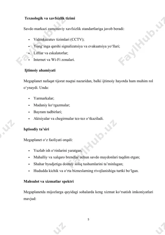 r uchun teatr spektakllari va boshqa tadbirlar tashkil etiladi. ijtimoiy va iqtisodiy ahamiyati megaplanetning iqtisodiy ta’siri bir necha yo‘nalishda seziladi: · yuzlab ish o‘rinlari yaratilgan; · kichik va o‘rta tadbirkorlar uchun savdo maydonlari taqdim etilgan; · soliq tushumlari orqali shahar budjeti mustahkamlanadi; · yil davomida minglab mehmonlar jalb qilinib, ichki turizmga xizmat qiladi. ijtimoiy jihatdan esa megaplanet: · aholining bo‘sh vaqtini mazmunli o‘tkazishiga xizmat qiladi; · oilaviy hordiq uchun xavfsiz muhit yaratadi; · madaniy-ma’rifiy tadbirlar platformasiga aylangan. innovatsiyalar va ekologik mas’uliyat zamonaviy savdo markazlari uchun innovatsion yondashuvlar muhim sanaladi. megaplanet: · elektron to‘lov tizimlari (qr, nfc, uzcard, humo) bilan to‘liq jihozlangan; · ekologik xavfsizlikni ta’minlash maqsadida chiqindilarni qayta ishlash konteynerlari, energiya tejovchi yoritish texnologiyalari, suvni tejash tizimlarini joriy qilgan; · yashil marketing konsepsiyasiga muvofiq, qog‘oz paketlardan foydalanish va “eko-aksiyalar” o‘tkazishni boshlagan. xulosa megaplanet savdo markazi bugungi kunda toshkent shahrining eng nufuzli va faol savdo-ko‘ngilochar komplekslaridan biri hisoblanadi. u zamonaviy shahar …