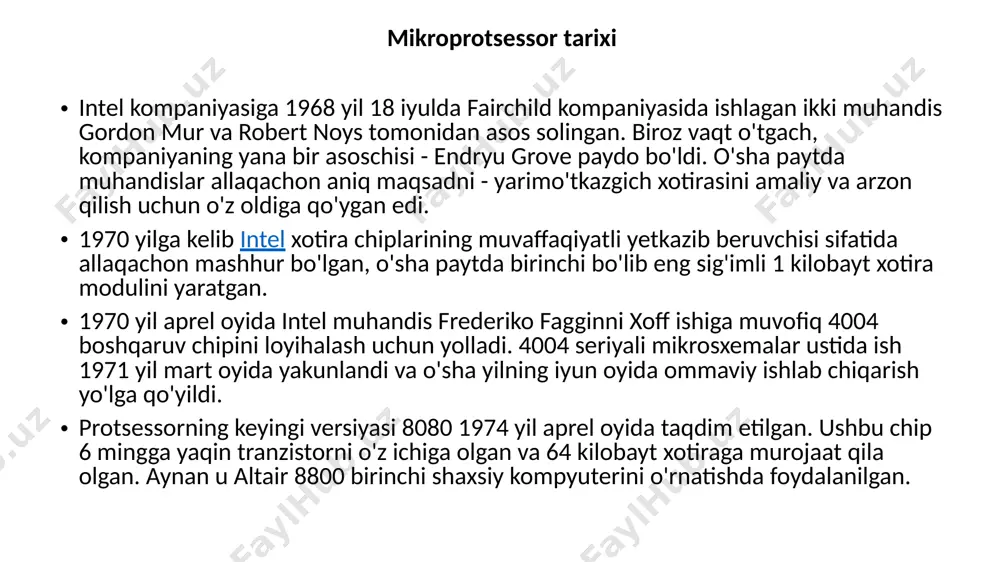 nadi). ushbu holatda buyruqlarning ketma-ketligi to’xtatiladi. uning o’rniga esa boshqa bir ketma- ketlik amalga oshiriladi. zamonaviy mikroprotsessorlar haqida malumaot quyida mikroprotsessor ishlab chiqaruvchi kampaniyalarning asosiylarini keltirib o‘tamiz. bugungi kunda intel, amd va ibm kompaniyalari mikroprotsessorlari keng tarqalgan. ulardan intel yetakchi sanaladi (dunyodagi jami protsessorlarning tahminan 80 foizi). intel quyidagi nomlar ostida mikroprotsessorlar ishlab chiqaradi: 8086, i286, i386, i486, pentium, pentium ii, pentium iii, pentium 4, celeron (pentium ning soddalashtirilgan varianti), core 2 quad, core i7, xeon (serverlar uchun protsessorlar seriyasi), itanium, atom (qo‘shimcha o‘rnatiluvchi texnikalar uchun protsessor) va boshqalar. kom amd mikroprotsessorlari x86 (80386 va 80486, k6 va k7 oilasi — athlon, duron, sempron) hamda x86-64 (athlon 64, athlon 64 x2, phenom, opteron va boshqalar)dan iborat. ibm mikroprotsessorlari (power6, power7, xenon, powerpc) superkompyuterlarda, yettinchi avlod videoo‘yinlari, qo‘shimcha o‘rnatiluvchi texnikalarda qo‘llaniladi. image1.jpg image2.png image3.jpeg image4.jpeg