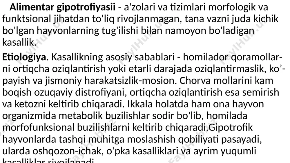 larida tishlar quyuq ko'k yoki qora rang-ga aylanadi. tug'ilgandan keyingi dastlabki daqiqalarda buzoq ma'lum vaqt nafas olmaydi yoki vaqti-vaqti bilan va xirillash bilan nafas oladi. kasallikning engil shakllarida oyoqlarni bukishda mushaklar-ning qisqarishi va refleks sezgirligi paydo bo'ladi, ammo og'ir holatlarda reflekslar yo'q, shilliq qavatlar marmar rangga aylanadi, nafas olish harakatlari kuzatilmaydi.patologik o'zgarishlar. o'pkada atelektaziya, miya va ichki organlarda qon ketishi kuzatiladi.diagnostika. kasallikning belgilari hisobga olinadi. davolash. buzoq orqa oyoqlariga ko'tariladi va havo yo'lidan prenatal suyuqlikni tozalash uchun bir marta silkitiladi. og'iz va tildan suyuqlik toza sochiq bilan artib olinadi. buzoqning tanasi qattiq mato bilan 10-15 daqiqa davomida massaj qilinadi. nafas olish harakatlarining ritmini tiklash uchun ko'krak qafasiga ritmik bosim o'tkazish orqali sun'iy nafas olish amalga oshiriladi. nafas olish markazini rag'batlantirish uchun buzoqlarga 20 ml 1% li lobelin gidroxlorid eritmasi, qo'zichoqlar va cho'chqa - 5 ml mushak ichiga yuboriladi. atsidozni bartaraf etish uchun 4% natriy gidrokarbonat eritmasi tomir ichiga yoki teri …