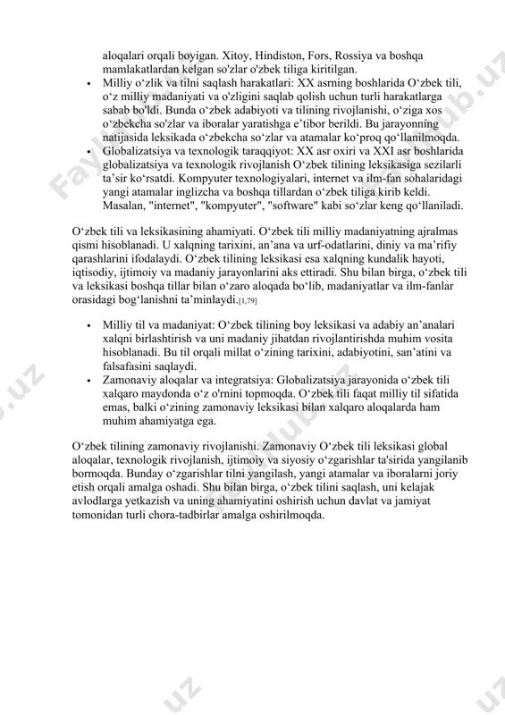 ichiga oladi va u turkiy tillar oilasining bir qismi sifatida qadimgi davrlarga borib taqaladi. o'zbek tili turkiy tillar oilasiga mansub bo'lib, uning taraqqiyoti va shakllanishi juda ko'p asrlar davomida yuzaga kelgan turli madaniy, siyosiy, iqtisodiy va ijtimoiy jarayonlar ta'sirida rivojlangan. bu jarayonlarda qadimgi turkiy tillar, boshqa xalqlarning tillari va madaniyatlari ham katta rol o'ynagan. quyida o'zbek tilining shakllanishi tarixidagi muhim davrlar va jarayonlarni batafsil yoritaman.[2,25] qadimgi turkiy tillar (v-x asrlar) o'zbek tilining kelib chiqishi va shakllanishi qadimgi turkiy tillar asosida boshlangan. qadimgi turkiy tillar — bu umumiy turkiy til oilasining ilk shakllari bo'lib, ular mintaqada yashagan turkiy xalqlarning nutqida ko'plab o'xshash xususiyatlarga ega bo'lgan. · kutadgu bilig (xi asr): o'zbek tilining shakllanishiga, ayniqsa, qadimgi turkiy adabiyotning rivojlanishi katta ta'sir ko'rsatgan. "kutadgu bilig" — xorazmshohlar davrida yashagan yusuf xos hojib tomonidan yozilgan qadimgi turkiy asar bo'lib, bu asarda turkiy tilining o'ziga xos xususiyatlari va lug'ati aks etgan. bu davrda turkiy til …
