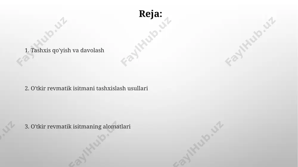 ni, masalan, 1-darajali atrioventrikulyar blok yoki 2-darajali atrioventrikulyar blokni aniqlash mumkin. bu samarqanddagi kardiologiya markazlarida keng qo'llaniladi. ekokardiografiya bolalarda revmatik isitmadan keyingi yurak nuqsonlarini aniqlashda ekokardiografiya juda muhim bo'lib, 85% dan ortiq hollarda aniq diagnostika natijalarini beradi, bu esa jahon sog'liqni saqlash tashkilotining tavsiyalariga mos keladi. ekokardiografiyaning transesophageal usuli (tee) yurakdagi kichik o'zgarishlarni, shu jumladan, 5 mm dan kichik vegetatsiyalarni aniqlash imkonini beradi va bu diagnostika samaradorligini sezilarli darajada oshiradi, ayniqsa toshkent shahrida. diagnostika usullari: anamnez va jismoniy tekshirish bemorning anamnezi, ayniqsa, 2-3 hafta oldin bo'lgan angina yoki yuqumli kasalliklar haqidagi ma'lumotlar, shu jumladan, qizilcha, skarlatina kabi kasalliklarning mavjudligi diagnostika uchun muhim ahamiyatga ega. jismoniy tekshiruv paytida, taxminan 10-15% hollarda yurak shovqinlari, aniqrog'i, mitral yetarliligi yoki aorta yetarliligi kabi yurak nuqsonlari aniqlanishi mumkin. o'tkir revmatik isitmaning alomatlari kasallikning taxminan 2-3 haftalik davomida yurakning ichki qavatining yalligʻlanishi (endokardit) rivojlanishi mumkin, bu esa yurak yetishmovchiligiga olib kelishi mumkin va samarqanddagi klinikalarda koʻp …