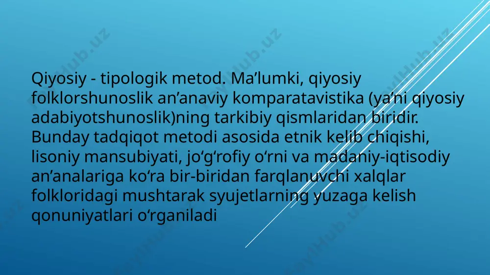 da xalq ijodi namunalarining genezisi va yaratilish davrini aniqlashga doir muhim xulosalar chiqariladi; e) folklor asarlarini madaniy yodgorliklarga qiyoslab, lingvistik tadqiq etish. bunda har bir xalqning folklor asarlari o‘sha xalqning qadim ajdodlari tomonidan yaratilgan adabiy-lisoniy yodgorliklar (masalan, “avesto”, “devonu lug‘otit turk” kabi) f) janrlararo tipologik о ‘rganish. folklorning muayyan bir janriga oid asarlarni, masalan, ertaklarni boshqa janrlar (doston, afsona, mif, rivoyat, qo‘shiq kabi) bilan qiyoslab tadqiq etish ana shu usulning mohiyatini tashkil etadi. kartografik metod. muayyan narsa-hodisalaming ma’lum bir makoniy qamrov doirasida tarqalishi, o‘zaro aloqalari, lokal xususiyatlari, o‘ziga xos va umumiy qonuniyatlarini kartografik metod asosida tahlil qilish folklorshunoslik, geografiya, etnografiya, arxeologiya, tilshunoslik (dialektologiya) fanlarida keng ko‘lamda qo‘llaniladigan usullardan biri. bu metod xalqning etnik tabiatini belgilovchi an’anaviy moddiy madaniyati, urf-odat va an’analari, turli-tuman sheva xususiyatlarini aks ettiruvchi katta qamrovdagi faktik materialni to‘plab, sistemalashtirish hamda etnolingvistik jarayonlar bilan bog‘liq o‘ziga xos qonuniyatlarni ochib berish maqsadida qo‘ilaniladi. kartografik metod yordamida hozirga qadar ko‘pgina …