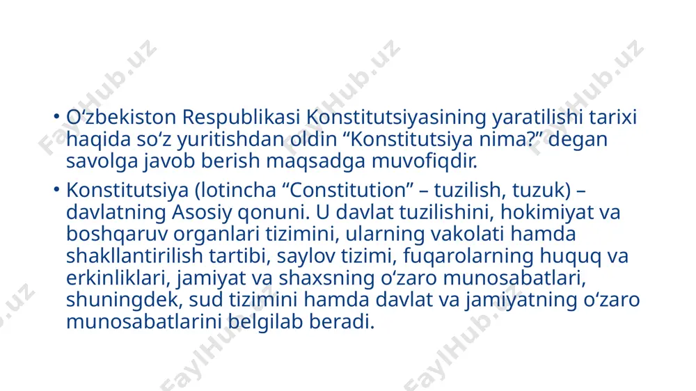 ariga javob beradigan yagona to‘g‘ri yo‘lni topishga erishdik”. shunday qilib dastavval, “davlat tili to‘g‘risida”gi qonunda mustahkamlangan muhim huquqiy qoidalar endilikda asosiy qonunimizning 4-moddasida quyidagicha muhrlab qo‘yildi: “o‘zbekiston respublikasining davlat tili o‘zbek tilidir. o‘zbekiston respublikasi o‘z hududida istiqomat qiluvchi barcha millat va elatlarning tillari, urf-odatlari va an’analari hurmat qilinishini ta’minlaydi, ularning rivojlanishi uchun sharoit yaratadi”. konstitutsiyani yaratish yo‘lidagi ikkinchi huquqiy qadam – prezidentlik instituti ta’sis etilishi va yangi davlat ramzlarini tayyorlash bo‘yicha komissiya tuzilishi bilan bog‘liq. yurtimiz hayotidagi bu g‘oyat muhim va hayajonli voqealar 1990 yilning mart oyida bo‘lib o‘tganini eslash joiz. o‘shanda, ya’ni mustaqilligimiz e’lon qilinishidan bir muncha vaqt oldin, o‘n ikkinchi chaqiriq oliy kengashning birinchi sessiyasida sobiq ittifoq tarkibidagi respublikamizda prezidentlik lavozimi joriy etildi, davlat ramzlari haqidagi masala muhokama qilinib, bu borada maxsus komissiya tuzildi. mustaqil o‘zbekistonning birinchi konstitutsiyasini yaratish g‘oyasi ilk bor ana shu sessiyada ilgari surildi. o‘zbekiston oliy kengashi tomonidan 1990 yil 20 iyunda e’lon qilingan “mustaqillik …