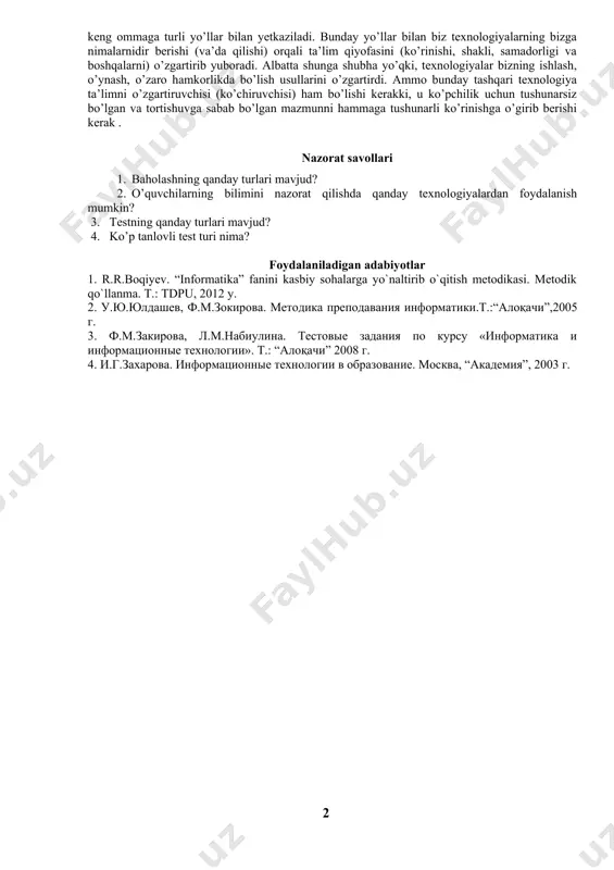 o’quvchilarga gapdagi yoki bog’lovchi matndagi bo’shliqlarni to’ldirish vazifasini qo’yadi. shubhasiz, ko’pchilik o’qituvchilar o’quv va tarbiya jarayonlarida texnologiyaning o’rni to’g’risida noto’g’ri tushunchalarga va u to’g’risida qarama-qarshilik tushunchalarga ega. texnologiyalar shubhasiz keng qamrov va katta tezlik bilan kirib keladi. bu esa o’z navbatida eski texnologiyalarning (disketalar, videomagnitafonlar, ent-monitorlar va boshqalar) o’z-o’zidan yo’qolib ketishiga olib keladi. yangilarining paydo bo’lishi va eskilarining o’z-o’zidan yo’qolib ketishi ta’limda tadqiqotchilar, siyosatchilar va ommaviy axborot vositalardagi xabarlari orqali keng ommaga turli yo’llar bilan yetkaziladi. bunday yo’llar bilan biz texnologiyalarning bizga nimalarnidir berishi (va’da qilishi) orqali ta’lim qiyofasini (ko’rinishi, shakli, samadorligi va boshqalarni) o’zgartirib yuboradi. albatta shunga shubha yo’qki, texnologiyalar bizning ishlash, o’ynash, o’zaro hamkorlikda bo’lish usullarini o’zgartirdi. ammo bunday tashqari texnologiya ta’limni o’zgartiruvchisi (ko’chiruvchisi) ham bo’lishi kerakki, u ko’pchilik uchun tushunarsiz bo’lgan va tortishuvga sabab bo’lgan mazmunni hammaga tushunarli ko’rinishga o’girib berishi kerak . nazorat savollari 1. baholashning qanday turlari mavjud? 2. o’quvchilarning bilimini nazorat qilishda qanday texnologiyalardan …