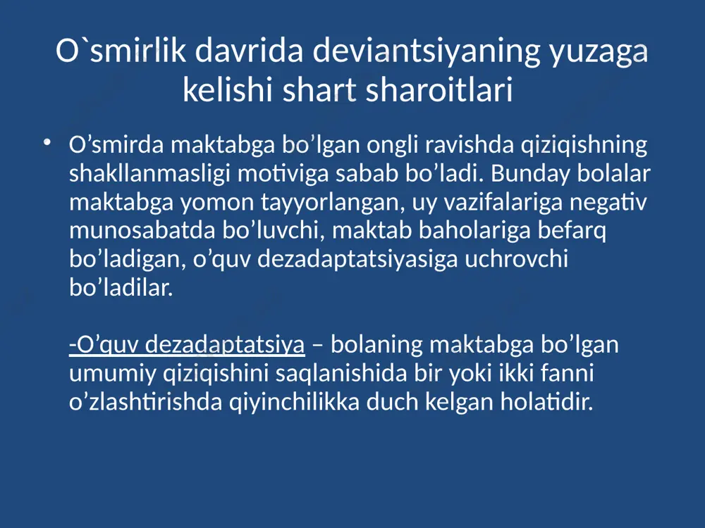 ga bo‘lgan uchta omilni ko‘rsatish mumkin. bular shaxs xususiyatlari, muammoli holat va ijtimoiy nazorat institutlari. aynan mana shu omillar shaxsning qanday faoliyat yuritishini belgilab beradi. shaxs xususiyatlarining shakllanishida asosan 3 ta omil muhim ahamiyat kasb etadi, bular: irsiy omillar; psixo-fiziologik omillar; shaxsning bilim darajasi. shuningdek, ijtimoiy og‘ishlarning yuz berishiga shaxsning qat’iyatli yoki qatiyatsizligi, prinsipialligi yoki prinsipsizligi, qoidalarga bo‘ysunish yoki bo‘ysunmaslik odatlari, biron-bir qarorga kela olish imkoniyati, tashqi ta’sirga qanchalik berilishi, irodasi va boshqa shu kabi psixofiziologik holatlari, mijozi ham katta ta’sir ko‘rsatadi. deviant xulq-atvorni o‘rganishda muammoli vaziyat muhim ahamiyat kasb etadi. muammoli vaziyat shunday holatki, u sub’ektdan yechimini talab qiladi, uning yechimi ijtimoiy me’yorlarda ko‘rsatilgan bo‘lsa-da, u yoki bu sabablarga ko‘ra, ushbu me’yorlarni qo‘llash qiyinroq bo‘ladi. . ma’lumki, har qanday holatda ham, ko‘p «qurbon» berib. bo‘lsada, to‘g‘ri yechimga erishish mumkin. lekin hamma gap shundaki, sub’ekt «qurbon» bera oladimi: xotini (yoki eri) bilan ajralib keta oladimi, yangi kasbga ega bo‘la oladimi …