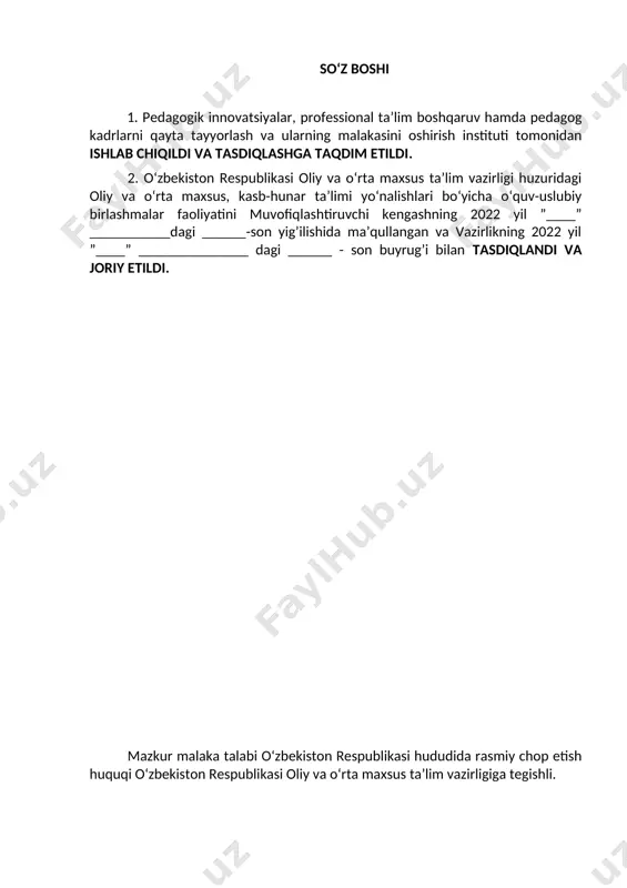 y bilimlar mazmuni va kasbiy kompetensiyasiga qo‘yiladigan talablarni va pirovard maqsadlarini, shuningdek ta’lim oluvchilarning o‘quv yuklamalari hajmi va standart talablarini bajarilishi nazoratini belgilaydi. malaka talabi ta’lim oluvchilarning kasbiy tayyorgarligi sifati va kasbiy kompetensiyasini baholashda hamda ta’lim muassasalarini attestatsiyadan o‘tkazishda asosiy mezon hisoblanadi. mazkur talablarning bajarilishi professional ta’lim muassasalarining bitiruvchilariga professional ta’limning tegishli darajasini olganligi to‘g‘risida davlat namunasidagi hujjat berilishi uchun asos hisoblanadi. malaka talabi ta’limni boshqarish davlat organlari va ta’lim faoliyati sub’ektlari tomonidan, idoraviy bo‘ysunuvi va mulkchilik shakllaridan qat’iy nazar, tadbiq etilishi majburiydir. ushbu malaka talabi kompyuter tizimlari va majmualari i 03.102.1683/б-22, i 02.102.1682/б-22 kasblarining tasdiqlangan kasbiy standart talablari asosida ishlab chiqildi. 2. kasbiy ta’lim xususiyati 2.1. 40610101- kompyuter tizimlari va majmualari kasbi doirasida beriladigan kvalifikatsiyalar: 1. dasturiy injiniring texnigi 2. kompyuter injiniring texnigi 3. kompyuter tizimlari texnigi kamida umumiy o‘rta ma’lumotga ega bo‘lgan shaxslar hisobidan shakllantirilgan guruhlarda tanlangan kvalifikatsiyalar sonidan kelib chiqib o‘qish muddati belgilanadi. bu guruhlarda kasb doirasida …