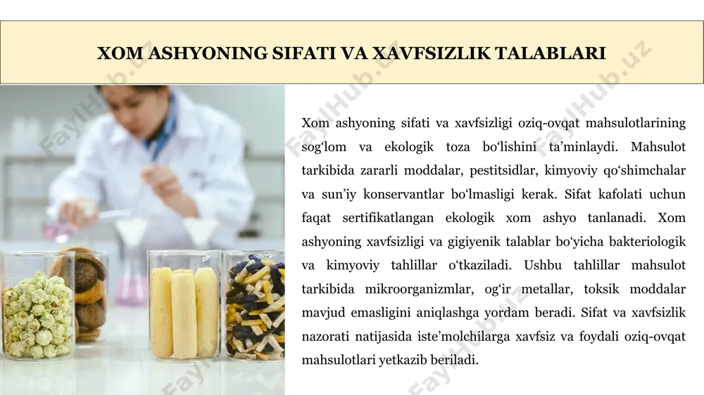 oydali xususiyatlarini saqlaydi. past haroratda pishirish – vitaminlar va minerallarni yo‘qotmaslik uchun mahsulot asta-sekin pishiriladi. zamonaviy usul: maxsus jihozlar yordamida jarayonlarni avtomatlashtirish – vaqtni tejash va ishlab chiqarish hajmini oshirish imkonini beradi. tezkor texnologiyalar – oziq-ovqat mahsulotlarini tezroq tayyorlash va uzoq muddat saqlash imkonini beradi. gigiyena va sifat nazorati – zamonaviy usullar sanitariya qoidalariga qat’iy rioya qilish imkonini beradi. mahsulot hisob-kitobi tarkib: energiya – mahsulotning kaloriya miqdori, u organizm uchun energiya manbai bo‘lib xizmat qiladi. ozuqaviy moddalar – oqsillar, yog‘lar, uglevodlar va boshqa ozuqaviy moddalarning miqdori, organizmning normal ishlashi uchun zarur. vitamin va minerallar – mahsulot tarkibidagi vitaminlar (a, b, c va boshqalar) va minerallar (kaltsiy, temir, magniy va h.k.), ular immunitetni kuchaytiradi va organizmni saqlashga yordam beradi. o‘lchovlar: mahsulot hajmi – mahsulotning umumiy hajmi yoki miqdori, u nisbiy birliklarda o‘lchanadi (gramm, litr, porsiya). tarkibiy qismlar miqdori – mahsulotning har bir tarkibiy qismi (masalan, oqsil, yog‘, uglevod) miqdorini o‘lchash, bu …