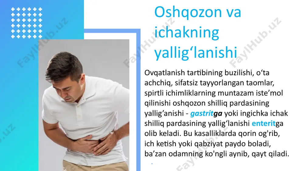 ‘p ovqat yeydi. lekin keyinchalik bezlar faoliyati pasayib, shira ajralishi kamaya boradi. ichishga ruju qo!ygan kishining ishtahasi yo'qolib, organizmida ovqatning hazm bo'lishi va so'rilishi qiyinlashadi. spirtli ichimliklarni surunkali iste’mol qilish oshqozon shilliq qavatining yallig'lanishi - gastritni paydo qiladi. alkogol ta’sirida jigar hujayralari yallig‘lanib, surunkali jigar kasalligi - gepatit kelib chiqadi. gepatit alkogol ta’sirida jigar sirrozi (jigar hujayralarining yemirilishi)ga olib keladi bundan tashqari, spirtli ichimliklar fermentativ sistema ishini buzib, organizmda vitamin taqchilligiga sabab bo‘lishi, oshqozonosti bezining yallig‘lanishi (рankreatit) keltirib chiqarishi mumkin. shifokorning zondlash yoli bilan bemorni tekshirish jarayoni taqdimotni jumayeva feruza tayyorladi etiboringiz uchun rahmat image1.jpg image2.jpg image3.jpg image4.png image5.jpg image6.png image7.jpeg image8.jpeg image9.crdownload image10.png image11.jpeg image12.png image13.jpeg image14.png /docprops/thumbnail.jpeg