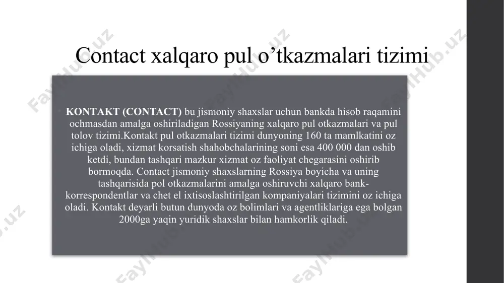 oridan, 4 dan kam emas italiya, shvetsiya, buyuk britaniya, irlandiya, finlandiya 1-4000 1,3% pul o‘tkazmasi miqdoridan, 3 dan kam emas ispaniya, belgiya 1-4000 1,5% pul o‘tkazmasi miqdoridan, 3 dan kam emas germaniya, litva 1-4000 1,6% pul o‘tkazmasi miqdoridan, 3 dan kam emas qirg'iziston, qozog'iston, latviya 1-4000 0,9% pul o‘tkazmasi miqdoridan, 2 dan kam emas turkiya 1-4000 1,8% pul o‘tkazmasi miqdoridan, 4 dan kam emas baa 1-4000 1,6% pul o‘tkazmasi miqdoridan, 5 dan kam emas armaniston 1-4000 1,4% pul o‘tkazmasi miqdoridan, 3 dan kam emas belarus, gruziya 1-4000 0,9% pul o‘tkazmasi miqdoridan, 3 dan kam emas rossiya 1-4000 1,7% pul o‘tkazmasi miqdoridan, 2 dan kam emas polsha 1-4000 2% pul o‘tkazmasi miqdoridan, 5 dan kam emas boshqa yo'nalishlar 1-4000 3% pul o‘tkazmasi miqdoridan, 6 dan kam emas western union western union - butin dunyo bo`yicha pul o`tkazishning eng tezkor yo`lipul o`tkazmalarini amalga oshirish oson bo`lib qoldi. western union hammaga butun dunyo …