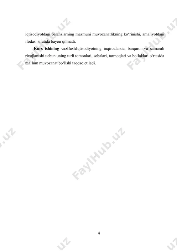 miqyosida jamiyatning daromadlari va xarajatlari o‘rtasidagi muvozanat asosiy o‘rin tutib, bu yalpi taklif va yalpi talab o‘rtasidagi muvozanatning o‘ziga xos namoyon bo‘lishidir. ushbu bobda iqtisodiy muvozanat tushunchasi, uning mazmuniga turlicha yondashuvlar, ijtimoiy takror ishlab chiqarishning turli tomonlari, soha va tarmoqlari o‘rtasidagi mutanosibliklar tizimi, ularning ta’minlanish darajasi hamda iqtisodiyotdagi balanslarning mazmuni muvozanatlikning ko‘rinishi, amaliyotdagi ifodasi sifatida bayon qilinadi. shuningdek, iqtisodiy muvozanatga erishishning davlat va bozor mexanizmlarini yoritib beriladi, eng muhimi iqtisodiyotda muvozanatlik va mutanosiblikni ta’minlash iqtisodiy inqirozlarning oldini olishning muhim vositasi ekanligiga alohida e’tibor qaratiladi. iqtisodiyotning inqirozlarsiz, barqaror va samarali rivojlanishi uchun uning turli tomonlari, sohalari, tarmoqlari va bo‘laklari o‘rtasida ma’lum muvozanat bo‘lishi taqozo etiladi. iqtisodiyot bir-biri bilan chambarchas bog‘liqlikda amal qiladigan xilma-xil faoliyatlarni, turli sohalar, tarmoqlar, bo‘linmalar, majmualar, birlashmalarni, moliya, bank, soliq, sug‘urta, tashqi iqtisodiy aloqalar va boshqalarni o‘z ichiga oluvchi o‘ta murakkab tizim bo‘lib hisoblanadi. iqtisodiyotning yaxlit tizim sifatida samarali amal qilishi ko‘p jihatdan uning tarkibiy qismlari o‘rtasidagi muvozanatlik …