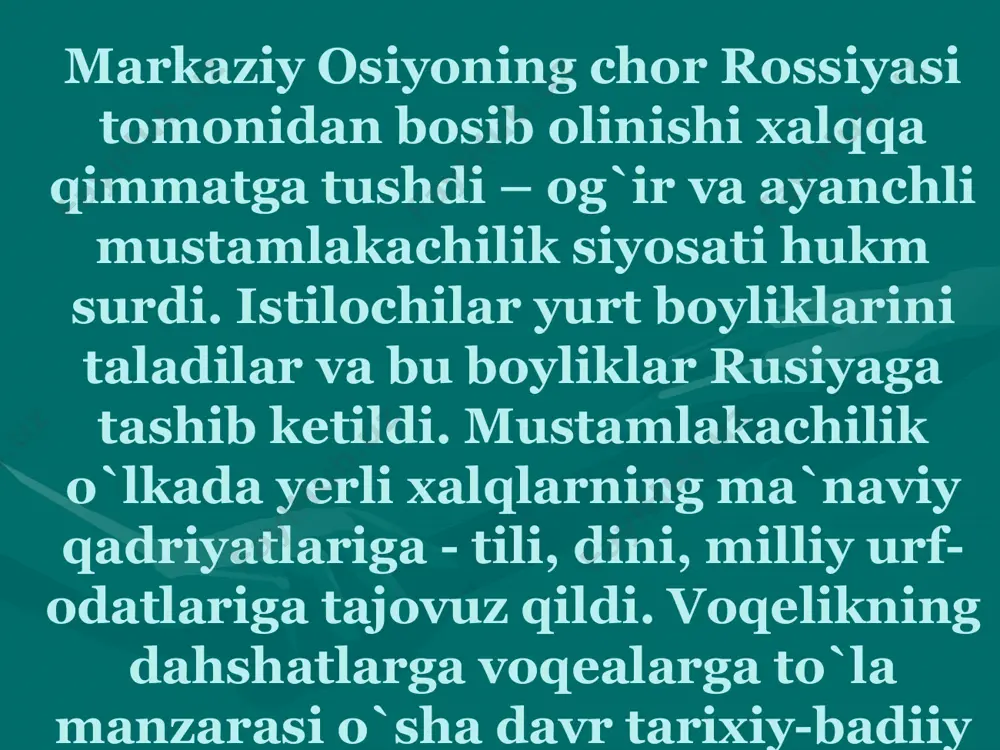 9 yilda sirdaryo viloyatidagi harakatlar, 1916 yil jizzax qo`zg`oloni va boshqalar shular jumlasidandir. xix asrda turkistonda bo`lib o`tgan mazkur harakatlar ichida eng yirigi va tarix sahifalariga sharaf bilan muhrlangani bu - andijondagi dukchi eshon qo`zg`oloni bo`ldi. bu qo`zg`olon mustamlakachi chorizm ma`murlarini dahshat va vahimaga soldi. mazkur qo`zg`olon tafsiloti barcha tarixiy kitoblarda keng berilgan. biz qo`zg`olonning maqsad va mohiyati haqida qisqa to`xtalamiz. muhammad ali xalfa sobir o`g`li (1853-1898) rahbarlik qilgan bu qo`zg`olonning ko`tarilishiga bosh sabab chor rossiyasining xalqqa nisbatan olib borgan zo`rlik va adolatsiz siyosati, milliy va diniy huquqlarining kamsitilishi va tahqirlashi bo`ldi. dukchi eshon boshliq qo`zg`olon qatnashchilari xalqning milliy huquqlarini kasitmaslikni va tinch turmush kechirish uchun sharoit yaratishni oq podshodan talab qilib chiqadilar. ammo puxta tayyorlanmagan, jiddiy himoyalanmagan va to`satdan boshlangan bu qo`zg`olon juda tez va shafqatsiz bostirildi. eng yomoni va achinarlisi, xalq uchun o`zini fido etgan dukchi eshon nomining badnom qilinishi bo`ldi. /docprops/thumbnail.jpeg