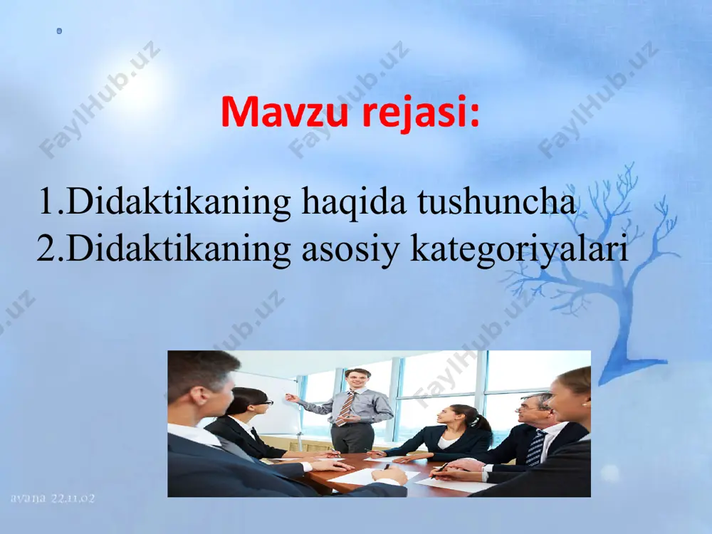 azmuni, o‘qitish qonuniyatlari, o‘qitish tamoyillari, metodlari, uning tashkiliy shakllari yoritiladi. * * didaktikaning ob’yekti predmeti didaktikaning ob’yekti - o‘sib kelayotgan avlodga ijtimoiy tajribalarni, milliy va umuminsoniy madaniyatni tarkib toptirishga yo‘naltirilgan faoliyatning asosiu turi hisoblangan ta ’lim berishdir. didaktikaning predmeti sifatida o‘rgatish (o‘qituvchi faoliyati) va o‘rganish (o‘quvchilarning bilish faoliyati), ularning o‘zaro harakati aks etadi. didaktikaning asosiy kategoriyalari quyidagilardan iborat: o‘rgatish kompetensiya o‘rganish malaka o‘qitish ko‘nikma ta’lim bilim * didaktikaning asosiy kategoriyalari quyidagilardan iborat: maqsad mazmun natija tashkil etish vosita shakl metod * o‘rgatish - o‘qitish maqsadini amalga oshirish bo‘yicha pedagogning tartiblangan faoliyati. o‘rganish - anglash, mashq qilish, va egallangan tajribalar asosida xulq-atvor va faoliyatning yangi shakllarini egallash jarayoni, oldin egallanganlari o‘zgaradi. o‘qitish - qo‘yilgan maqsadga erishishga yo‘naltirilgan pedagog bilan o‘quvchilarning tartiblangan o‘zaro harakati. ta’lim - o‘qitish jarayonida egallanadigan bilim, ko‘nikma, malakalar, kompetensiya va fikrlash usullari tizimi * * bilim - ma’lum bir fanni nazariy o‘zlashtirishni aks ettiradigan inson g‘ oyalari yig‘ …