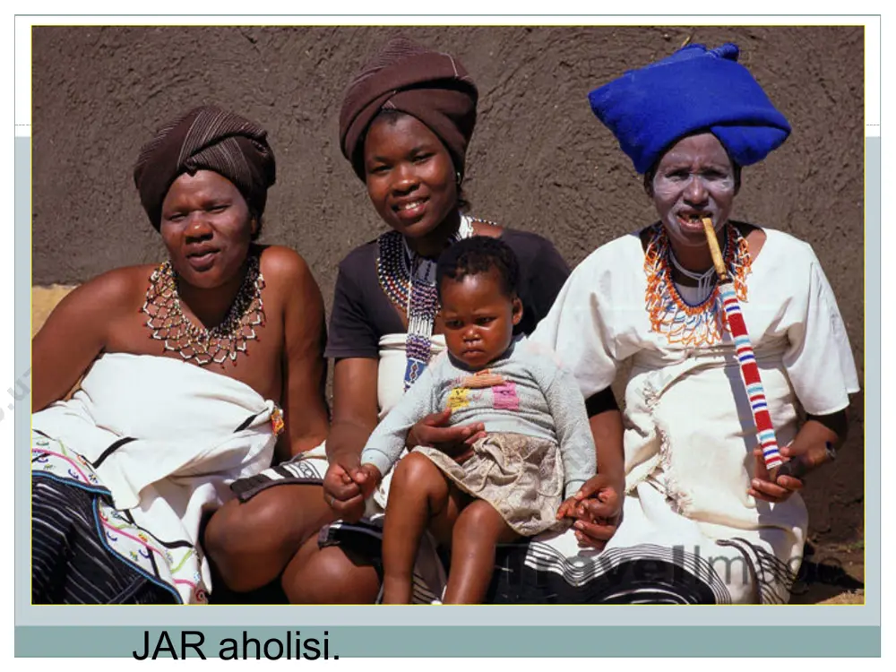 n kulbalardan iborat. ularning ov qurollari metall uchli nayza, o`q-yoy, uzun cho`qmor («kirri») bo`lgan. janubiy afrika bantu xalqlarining uylari doira shaklida cho`qqaygan tomli qamish yoki somon bilan yopilgan, doira qilib tizilgan bo`lib mol qo`rasi vazifasini bajaradi. tog`li joylarda uylar toshdan yoki guvaladan tiklanib ba`zan bezak berilgan. janubiy afrika pul birligi. svazilend bayrog’i. madagaskar orollari. madagaskar uylari. xalq ijodi, badiiy hunarmandchilik ancha rivojlangan. janubiy afrika bantulari chiroyli cho`zma usulda sopol buyumlar, o`yma naqshli yog`och idishlar, ho`kiz qo`shiladigan ayrishoxli yog`ochdan yasalgan chanalar, temir uchli nayza va boshqa qurollar ishlab chiqarganlar. jo`shqin raqs va kuylar ularning eng sevimli tomoshalari, barcha tantana va marosimlarning eng muhim qismidir. musiqa asboblari turli xilda, ammo katta-kichik nog`oralar («marimbo», «ngoma») doimo jo`r bo`lgan, yog`och, shox yoki qamishdan yasalgan surnay va naylar, kamonchali asboblar... mozambik pul birligi. jar tabiati. bostvana baliqchilari. komor orollari gerbi. komor orollari. madagaskar dehqonlari. namibiya tabiati. jahonda namibiya qorako`1 terisi ishlab chiqarishda birinchi o`rinda turadi …