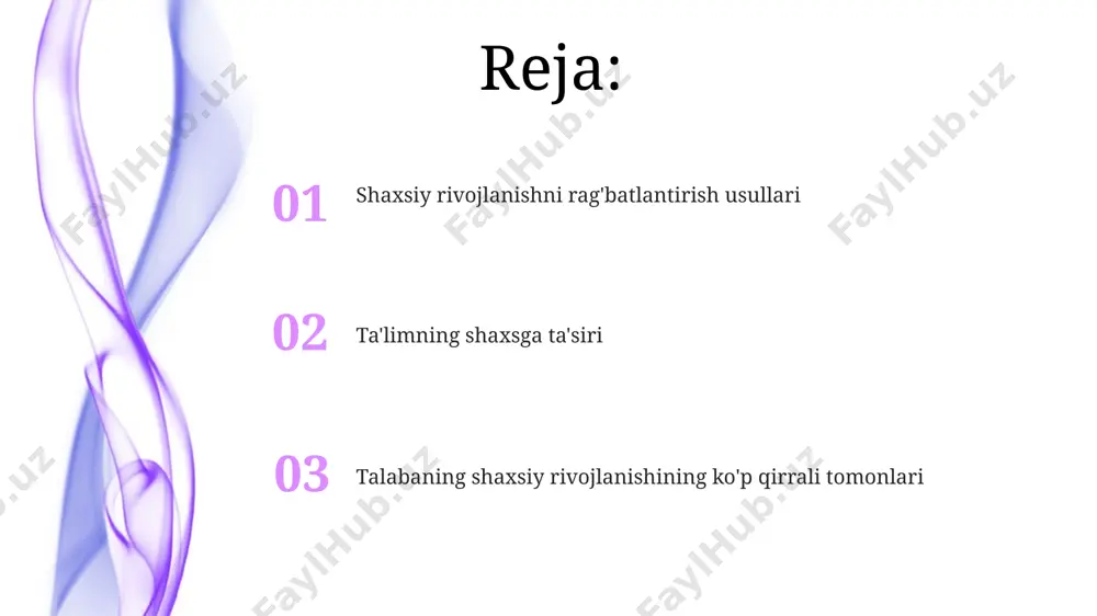 rni aniq belgilash (smart maqsadlar) kabi omillar talabaning shaxsiy mustaqilligini va mas'uliyatini 2 barobar oshiradi. o'qituvchilarning individual yondashuvi, 5 ta asosiy shaxsiy fazilatni aniqlash va ularni rivojlantirishga qaratilgan maxsus dasturlar talabaning intellektual va emotsional rivojlanishiga ijobiy ta'sir ko'rsatadi. kelajak uchun tayyorgarlik va kasbiy yo'nalish o'rtacha 15-20 yoshdagi yoshlar o'z kasbini aniqlashda 2-3 yil vaqt sarflaydilar, shuning uchun erterok professional yo'nalishni aniqlash vaqtni tejash va samaradorlikni oshiradi. kasbiy yo'nalishni aniqlashda psixologik testlardan va maslahatlardan foydalanish, shaxsning potentsialini aniqlash va 80% ga yaqin to'g'ri kasb tanlash ehtimolini oshiradi. sog'lom turmush tarzini shakllantirish sog'lom turmush tarzini shakllantirishda jismoniy faollikning ahamiyati katta bo'lib, haftasiga kamida 3 marta, har safar 30-60 minut sport bilan shug'ullanish tavsiya etiladi. stressni boshqarish va psixologik sog'lomlikni ta'minlash uchun yiliga kamida 2 marta psixologga murojaat qilish va meditatsiya kabi stressni kamaytirish texnikalarini qo'llash tavsiya etiladi. o'z-o'zini anglash va o'ziga ishonchni shakllantirish o'ziga ishonchni oshirish uchun 7 ta samarali texnikalar mavjud: …