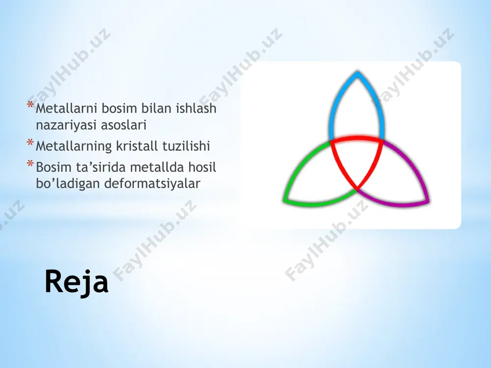 sh sifatini va ishonchliligini pasaytiradi. hozirgi vaqtda deformatsiyalangan holatni tadqiqoti uchun bo‘luvchi to‘rlar va qutblanish -optik usullari o‘rtasidan oraliq joy olgan muar usuli yanada keng tarqalmoqda. deformasiyalarni muar ta’siri usulida o‘rganishda deformatsiyalanayotgan jism tekis kesimlariga belgilangan geometriyadagi rastr chiziladi. tomson va uning xodimlari taklif etgan kuchlangan - deformatsiyalangan holatni aniqlashning vizioplastik usuli shundan iboratki, koordinat to‘ri yordamida tezliklarning vektor maydoni belgilanadi, uni yig’ma namunalar ajralish tekisligiga joylanadi va uning asosida kuchlanishlar hisoblab chiqiladi. to‘r chiziladigan tekislik deformatsiyaning har bir navbatdagi o‘sishidan keyin suratga olinadi va to‘rni buzilishi bo‘yicha deformatsiyalar aniqlanadi. ularning δt vaqt ichida siljishi bo‘yicha esa deformatsiya tezligi topiladi. bu usulning muhim kamchiligi bo‘lib, koordinat to‘rini buzilishini bosqichlab fotorasmga olish uchun deformatsiya jarayonini bo‘lish zarurligi hisoblanadi. bu tutashuv yuzasidagi ishqalanish sharoitlarini o‘zgarishini olib keladi. ko‘p marta yuklanishda deformatsiyalarning haqiqiy surati buziladi va olingan ma’lumotlarning xatolik darajasini amaliy baholash mumkin emas. metallarni bosim bilan ishlashda muvozanatning yaqinlashgan tenglamalari va plastiklik …