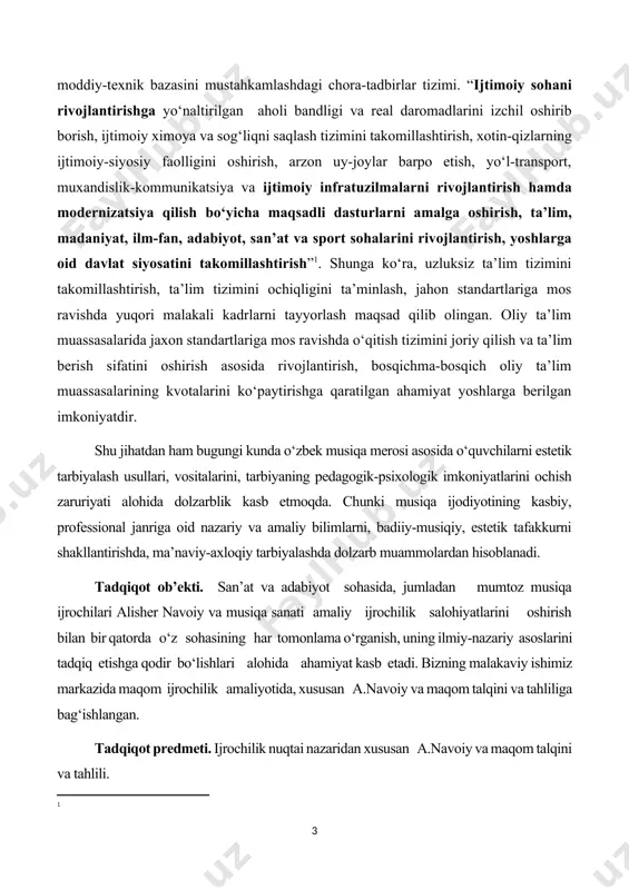 a tahliliga bag‘ishlangan. tadqiqot predmeti. ijrochilik nuqtai nazaridan xususan a.navoiy va maqom talqini va tahlili. ishning ilmiy yangiligi. xususan a.navoiy va maqomlarning jahon musiqa san’atida, maqom janri bisotida deyarli o‘rganilmagani bilan bog‘liq. tadqiq qilish va yondashuv usuli ham bu borada yangicha bo‘lib, cholg‘u ijrochiligi tabiati, janrni tizimlashtirish tamoilliga asoslanadi. tadqiqot materiali o‘rnida a.navoiy tomonidan yaratilgan g`azallar tanlab olingan. mazkur asarlar yetakchi dunyo adabiyotshunos olimlar repertuarida o‘rin olishi va jahon sahnalarida ko‘p ijro etilishiga qaramay mazkur asarga bag‘ishlangan tahlillar faqat lavhali kuzatuvlar bilan chegaralanganligini ta’kidlash joiz. tadqiqot maqsadi: a.navoiy ijodida fortepiano uchun yozilgan g`azallarini o‘ziga xos talqinini aniqlash, shuningdek maqom san`atida navoiy ijodini muxim taraflarini ochib berishdan iboratdir. ilmiy ishimizning asosiy vazifasi qatoriga quyidagilar kirdi, maqom ijrochiligi tahlili va janr tamoyilini aniqlash, tarixiy rivojlanish bosqichlarini ta’riflab berish. tadqiqot natijalarining nazariy va amaliy ahamiyati: maqom ijrochiligida talqin masalasi, maqom janri mohiyatiga oid fikrlar bayon etilib, mavzuning dolzarbligi, ilmiy-nazariy yangiligi, va amaliy ahamiyati …