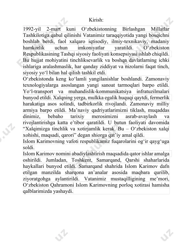 b saylandi. 2015 yil 29 mart kuni muqobillik asosida o‘zbekiston respublikasi prezidenti saylovi bo‘lib o‘tdi. uning natijalariga ko‘ra konstitutsiyaga kiritilgan o‘zgarishlarga muvofiq, islom karimov 5 yillik muddatga, mamlakatning oliy lavozimiga saylandi. i.karimov suveren va mustaqil o‘zbekistonni barpo etish, xalqparvar, demokratik huquqiy davlat yaratish, fuqarolar tinchligi va milliy totuvlikni ta’minlash ishiga qo‘shgan ulkan hissasi, hamda, bu borada matonat va jasorat ko‘rsatganligi uchun "o‘zbekiston qahramoni" unvoni, "mustaqillik" va "amir temur" ordenlari bilan taqdirlangan. shuningdek, u bir qancha xorijiy davlatlar va nufuzli xalqaro tashkilotlarning orden va medallari bilan ham mukofotlangan. i.karimov o‘zbekiston fanlar akademiyasining haqiqiy a’zosi. ayni vaqtda u iqtisod, fan, ta’limni rivojlantirishga qo‘shgan ulkan hissasi uchun ko‘pgina xorijiy mamlakatlar universitet va akademiyalarining faxriy fan doktori, hamda akademikligiga saylangan. o‘zbekiston xalqi istiqlol yillarida erishilgan salmoqli yutuqlarni haqli ravishda i.karimov nomi va faoliyati bilan bog‘laydi. i.karimov mamlakatda amalga oshirilgan ulkan ishlar, tarixiy o‘zgarishlarning tashabbuskori va rahnamosidir: · o‘zbekiston mustaqilligining asoschisi, mamlakat mustaqil taraqqiyot dasturini …
