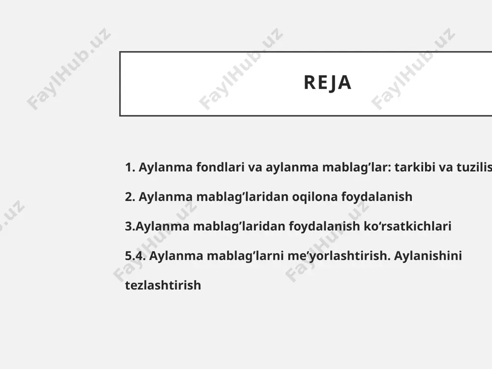 aterial, yoqilg’i va energiya miqdori mahsulot sifatiga ta’sir ko‘rsatmagan holda qanchalik kam bo‘lsa, mahsulot shunchalik arzonlashadi hamda aylanma mablag’lar kamroq sarflanib, ulardan foydalanish samaradorligi yuqori bo‘ladi. korxonalarning aylanma mablag’lari aylanma fondlari va muomala fondlariga taqsimlanadi. bunday taqsimlash ularning moddiy(buyumlashgan tuzilishidan tashqari, ishlab chiqarish jarayoni va umuman, korxonaning iqtisodiy faoliyatidagi ishtiroki asosida amalga oshiriladi. bundan tashqari, taqsimlash rejalashtirishni tashkil qilishda hamda korxonaning ishlab chiqarish va noishlab chiqarish sohalarida aylanma mablag’larga bo‘lgan ehtiyojini aniqlashda katta rol o‘ynaydi. aylanma ishlab chiqarish fondlari (korxona ishlab chiqarish fondlarining bir qismi bo‘lib, bitta ishlab chiqarish tsikli davomida sarflanadi hamda natural shaklini o‘zgartirib, o‘z qiymatini to‘lig’icha tayyor mahsulot tannarxiga o‘tkazadi. shu sababli aylanma ishlab chiqarish fondlari ishlab chiqarish jarayonining majburiy elementi va ishlab chiqarish harajatlarining asosiy qismi hisoblanadi. korxona aylanma ishlab chiqarish fondlari qatoriga xom ashyo va materiallar zahirasi, yarim tayyor mahulotlar, yoqilg’i va energetika resurslari, qadoqlash va o‘rov materiallari, ehtiyot qismlar, tugallanmagan ishlab chiqarish va kelajakdagi …